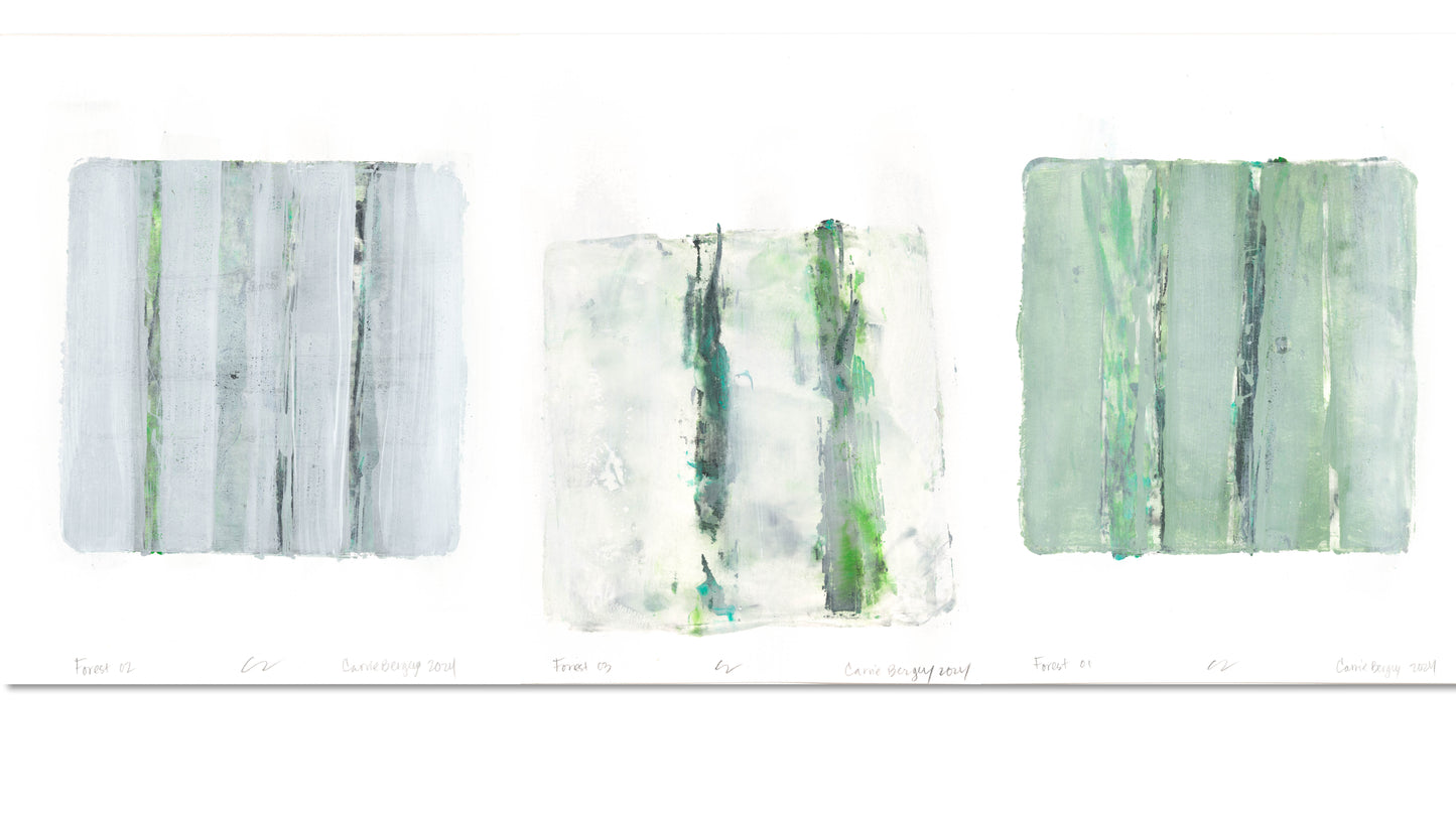 Forest Original Fine Art Monoprint Triptych Collection by Carrie Bergey featuring three abstract vertical forest-inspired prints in soft greens and grays. Ideal for modern nature-themed home decor.