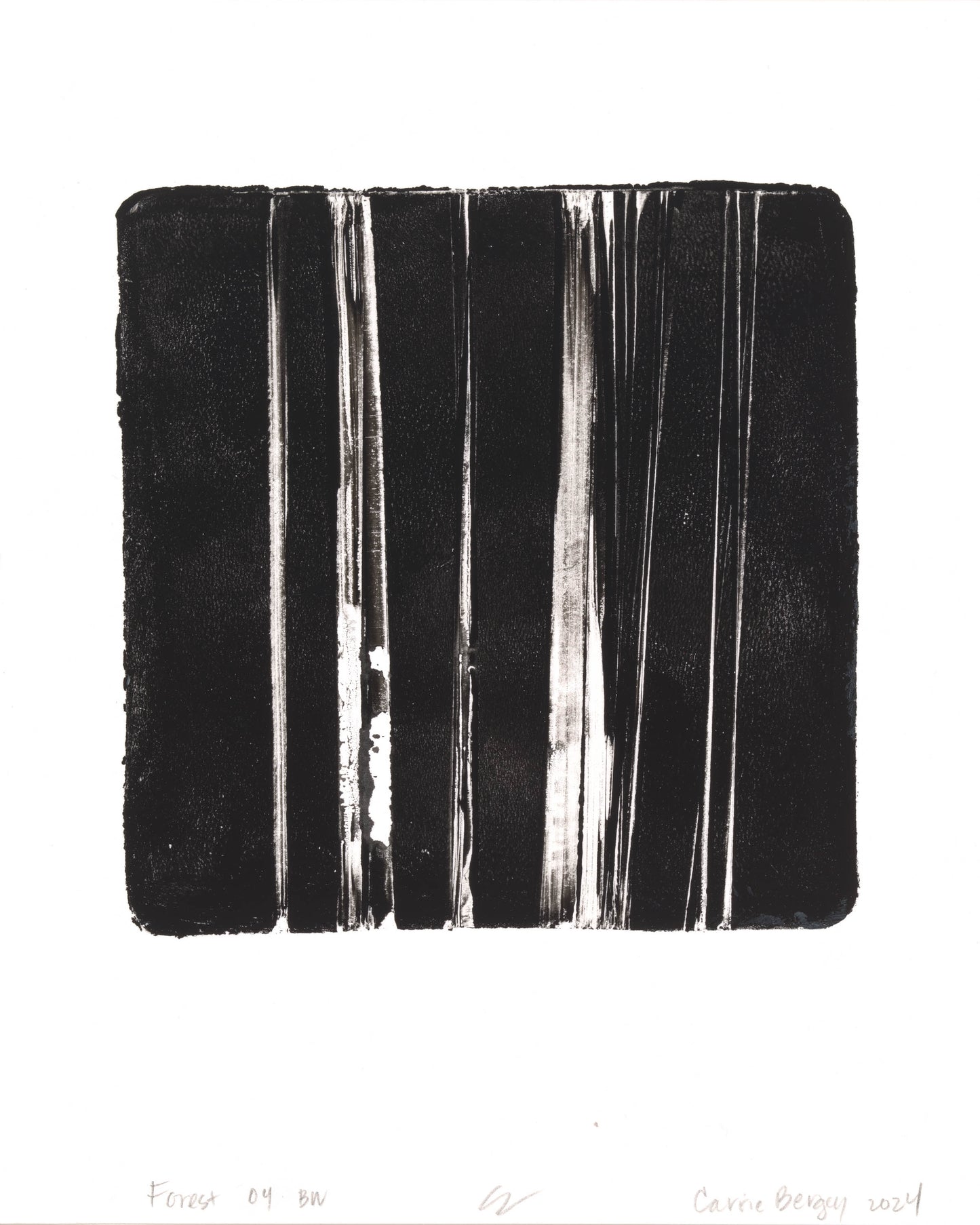 Forest 04 BW from the Forest 04-05 Original Fine Art Monoprint Diptych by Carrie Bergey, showcasing bold monochrome vertical brushstrokes.