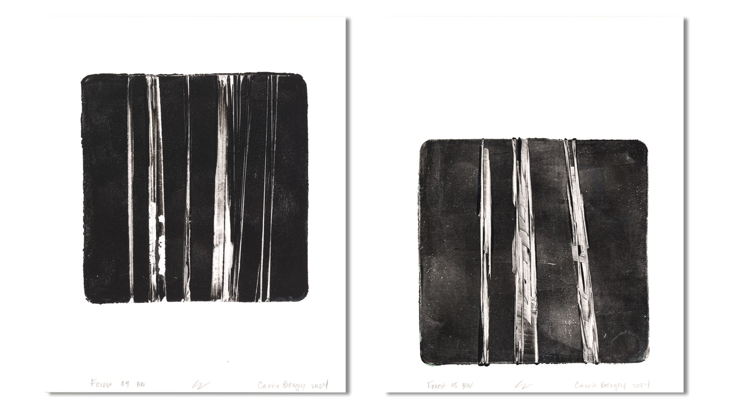 Carrie Bergey's Forest 04-05 Original Fine Art Monoprint Diptych Collection, a striking black and white abstract duo for sophisticated wall art.
