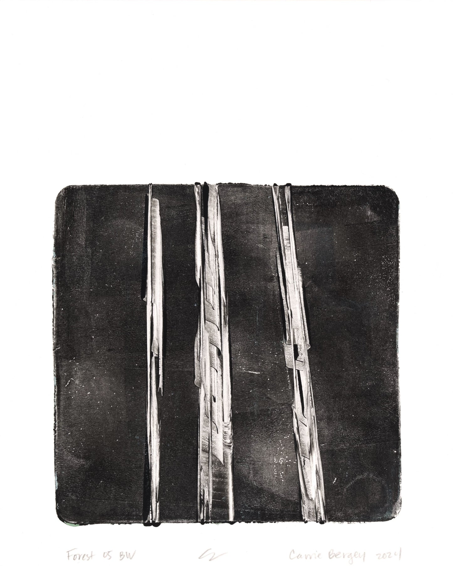Forest 05 BW from the Forest 04-05 Original Fine Art Monoprint Diptych by Carrie Bergey, featuring textured vertical lines in a monochrome palette.