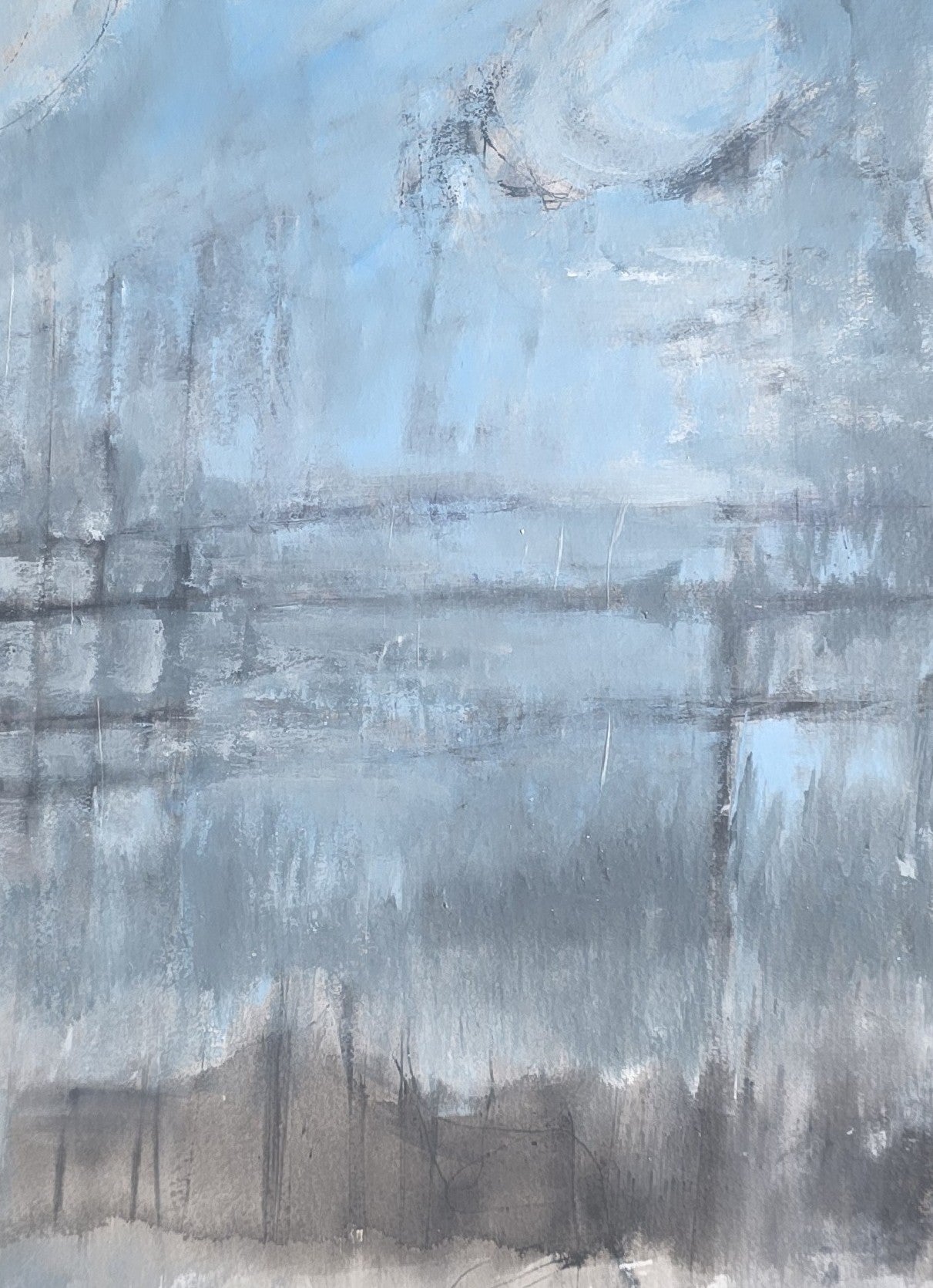 Detail view of Incoate Play Original Fine Art Painting by Carrie Bergey showing abstract forms and soft transitions in acrylic gouache on paper.