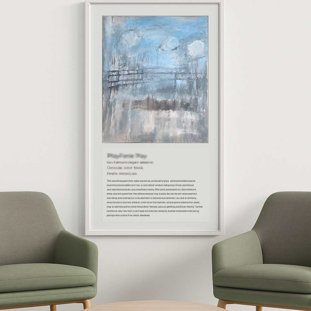 Framed Incoate Play Original Fine Art Painting by Carrie Bergey displayed in a modern living room, showcasing abstract expression in cool hues.