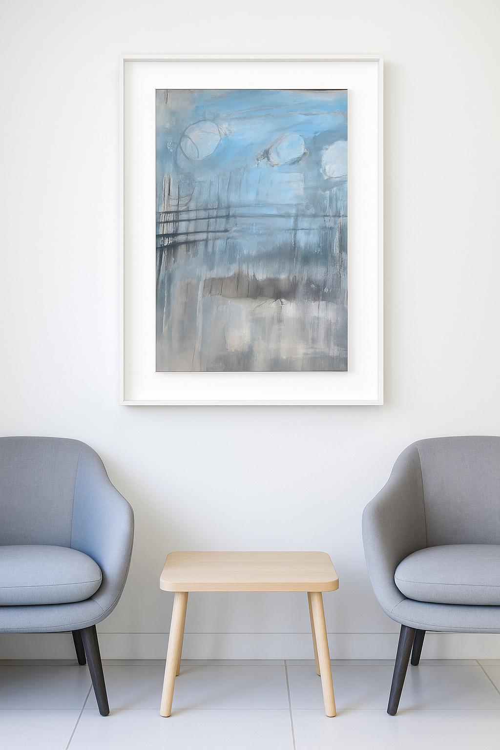 Minimalist interior with Incoate Play Original Fine Art Painting by Carrie Bergey framed on a white wall, enhancing abstract home decor aesthetics.