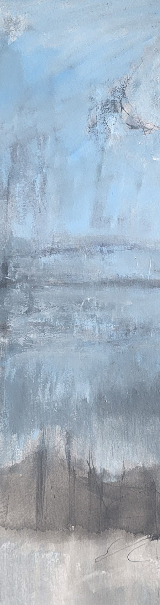 Close-up of Incoate Play Original Fine Art Painting by Carrie Bergey highlighting textured brushstrokes and abstract layering in blue and gray tones.