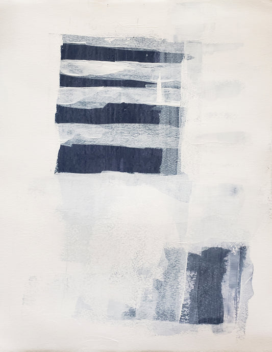 Independence Original Fine Art Paintings Hexaptych Collection by Carrie Bergey displayed in a modern living room, featuring six abstract pieces in soft blue and white tones. Ideal for contemporary home decor in the Home & Garden > Decor > Artwork category.