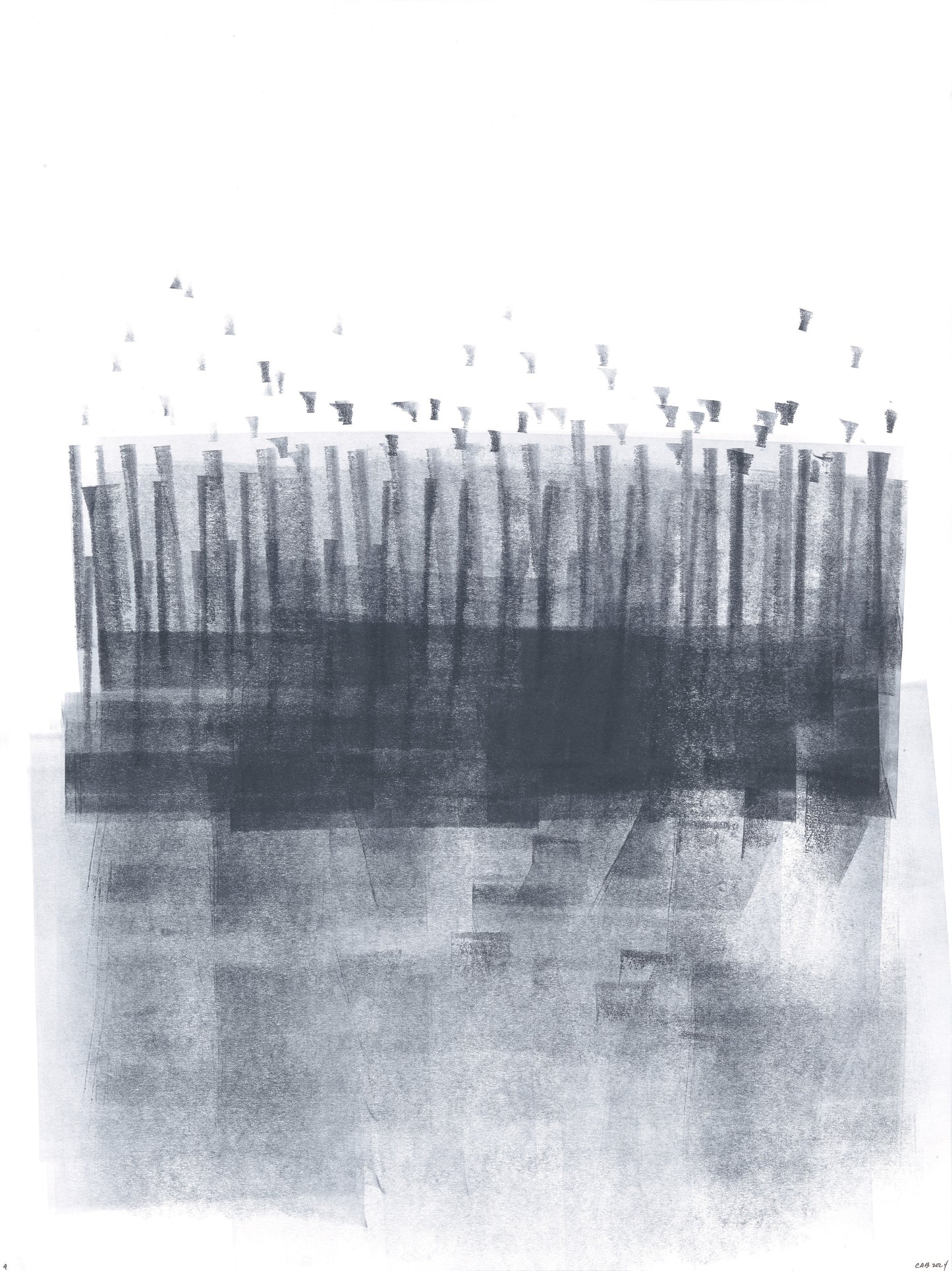 Vertical strokes with scattered dots in grayscale from Ink on Paper 17-22 Original Fine Art Painting Hexaptych Collection, suggesting abstract forest.