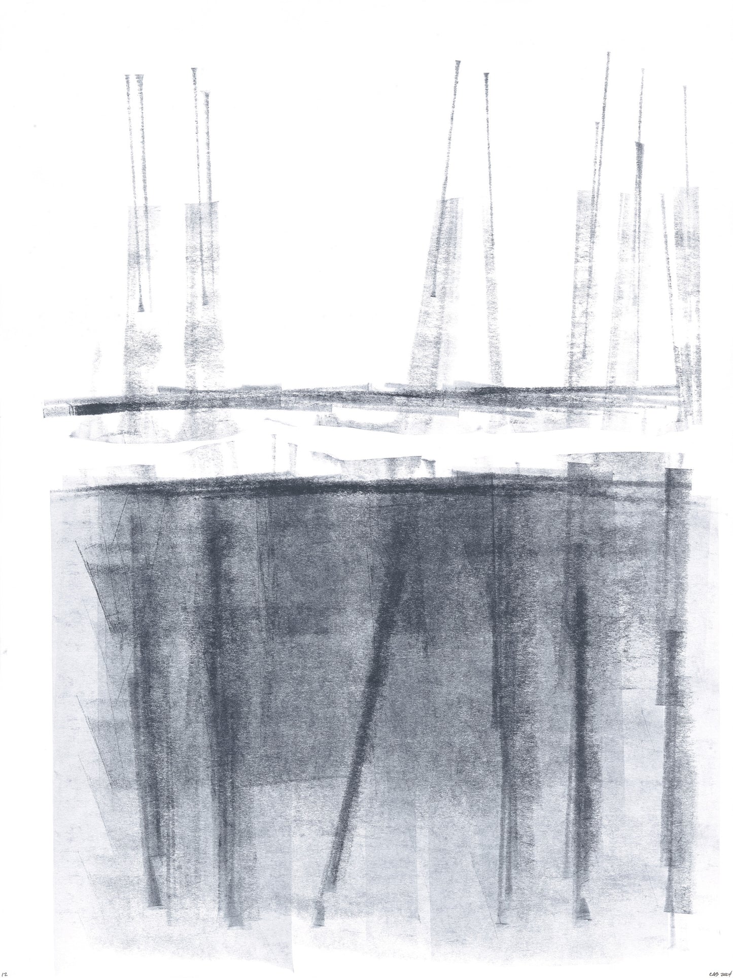 Vertical abstract ink lines in grayscale from Ink on Paper 17-22 Original Fine Art Painting Hexaptych Collection, evoking architectural silhouettes.