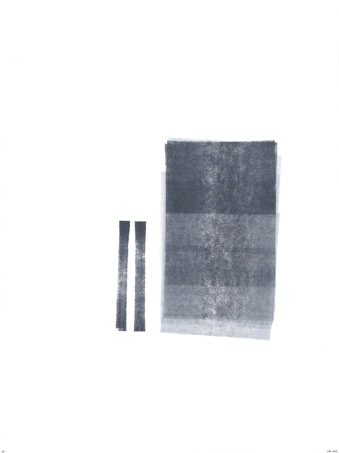 Minimalist artwork from Ink on Paper 17-22 Original Fine Art Painting Hexaptych Collection with two vertical ink lines beside a shaded rectangle.