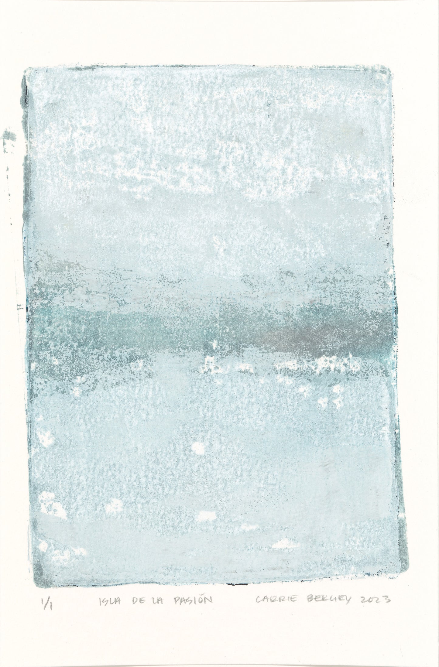 Close-up of pastel blue Isla De La Pasion monoprint by Carrie Bergey, highlighting fine art texture and minimalist design.