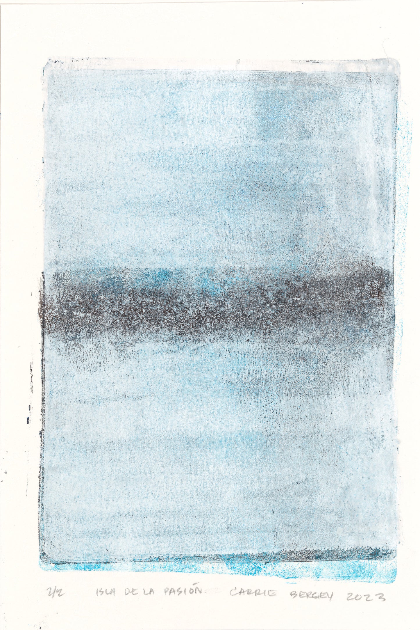 Abstract Isla De La Pasion monoprint in soft blue and gray by Carrie Bergey, part of a collectible fine art print series.