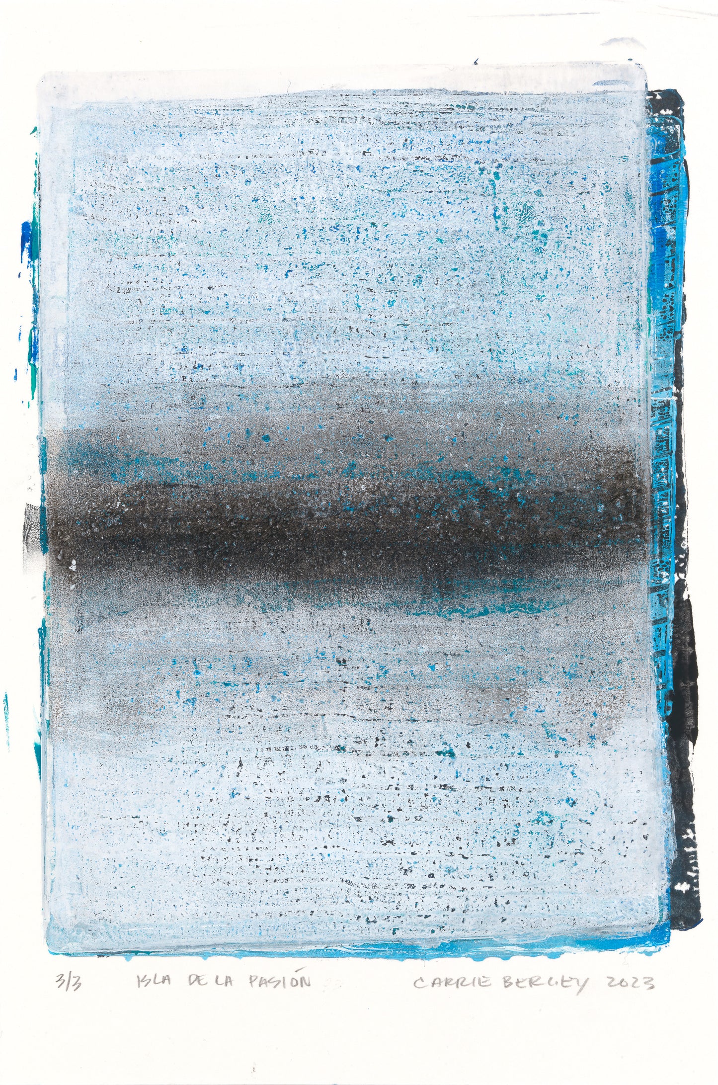 Textured blue and gray monoprint from Isla De La Pasion Art Collection by Carrie Bergey, showcasing abstract ocean-inspired layers.