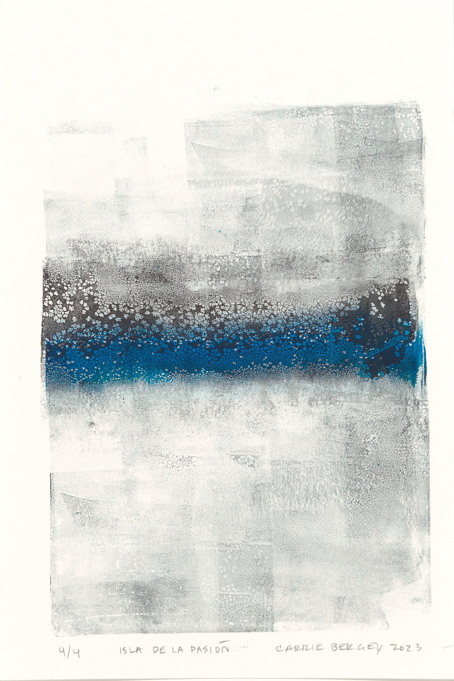 Carrie Bergey's Isla De La Pasion monoprint with bold blue stripe and white overlay, ideal for modern abstract art lovers.