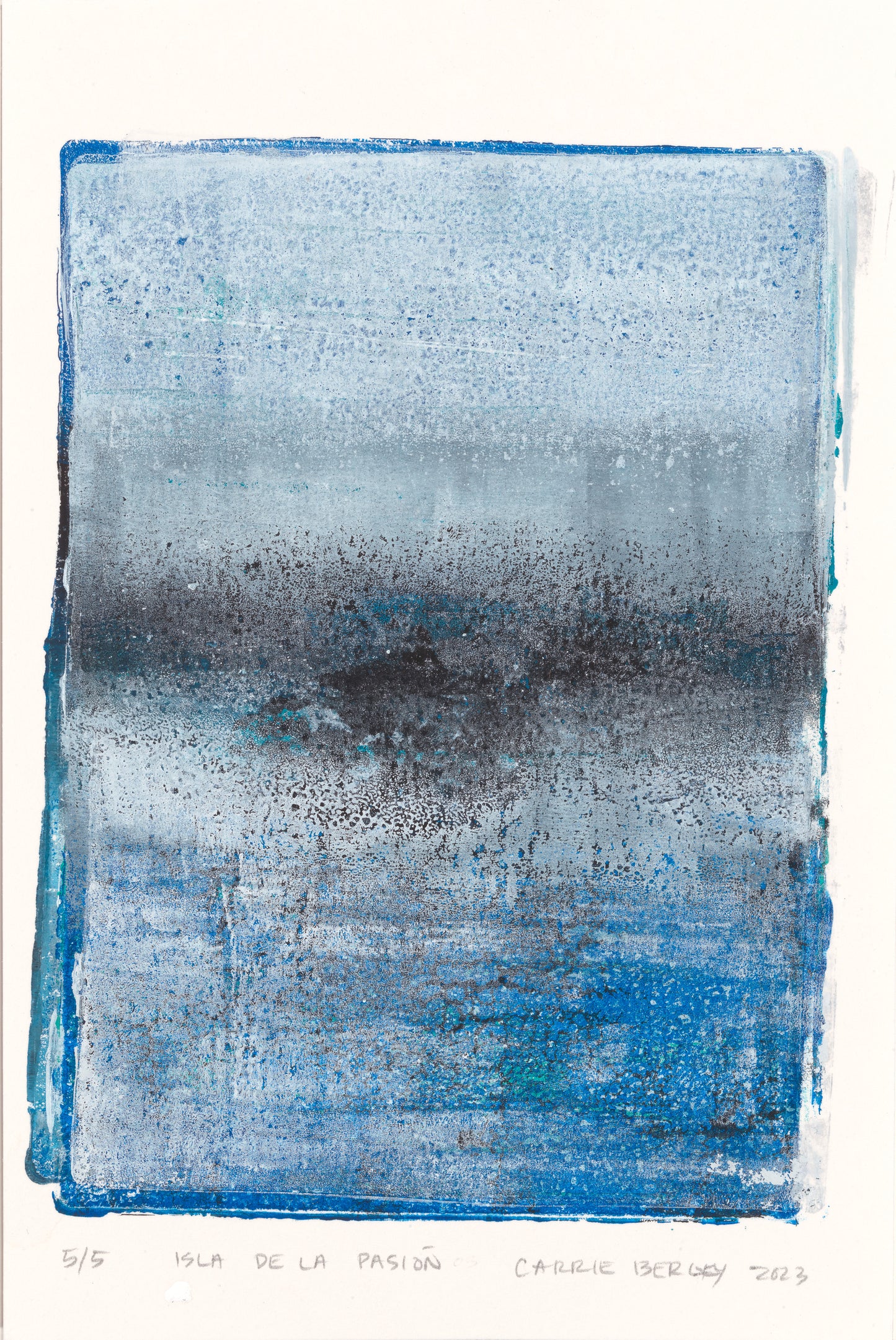 Carrie Bergey's Isla De La Pasion monoprint with misty blue tones and layered textures, part of a fine art print collection for home decor.