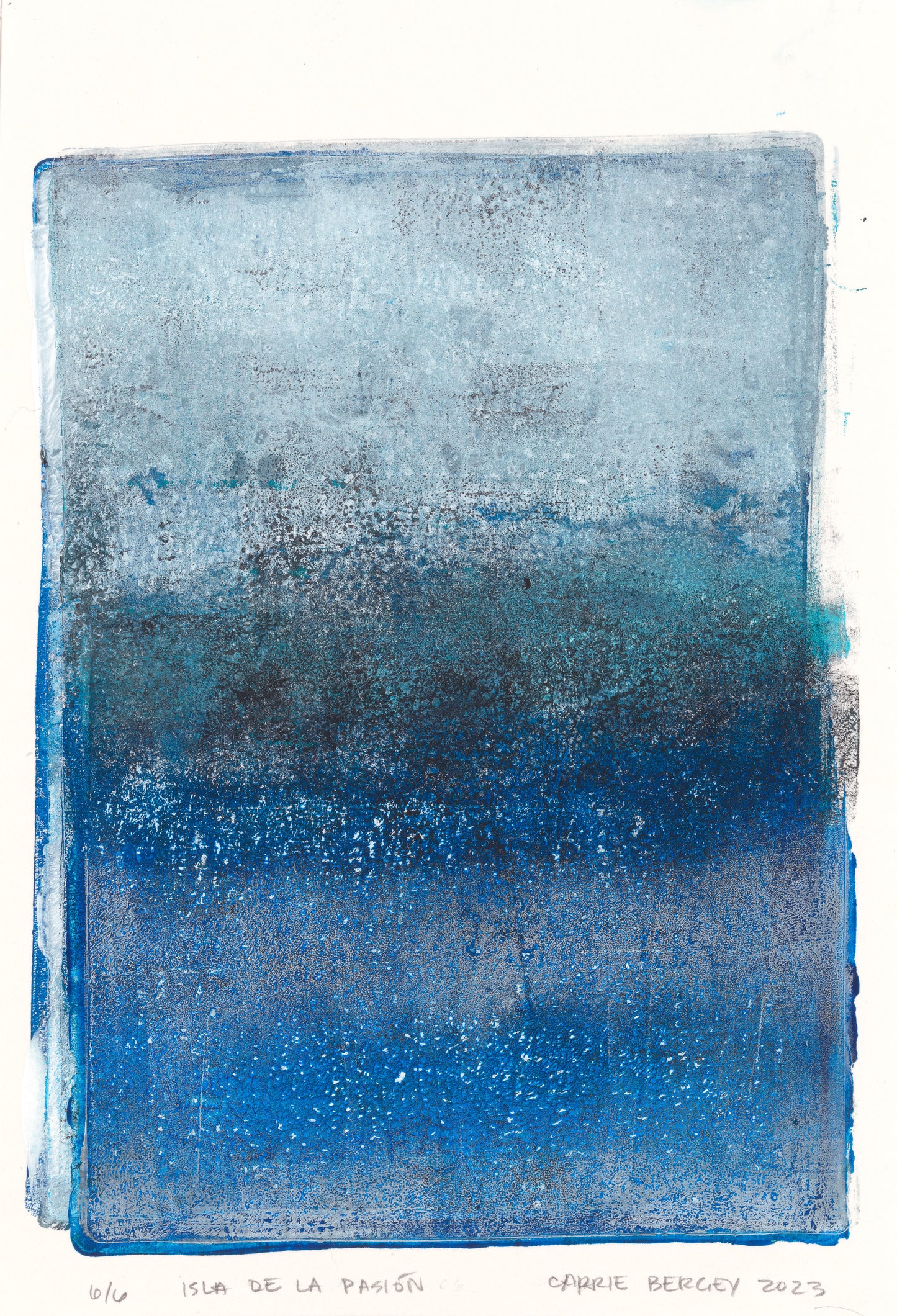 Deep blue and textured Isla De La Pasion monoprint by Carrie Bergey, part of a fine art hexaptych collection for modern interiors.