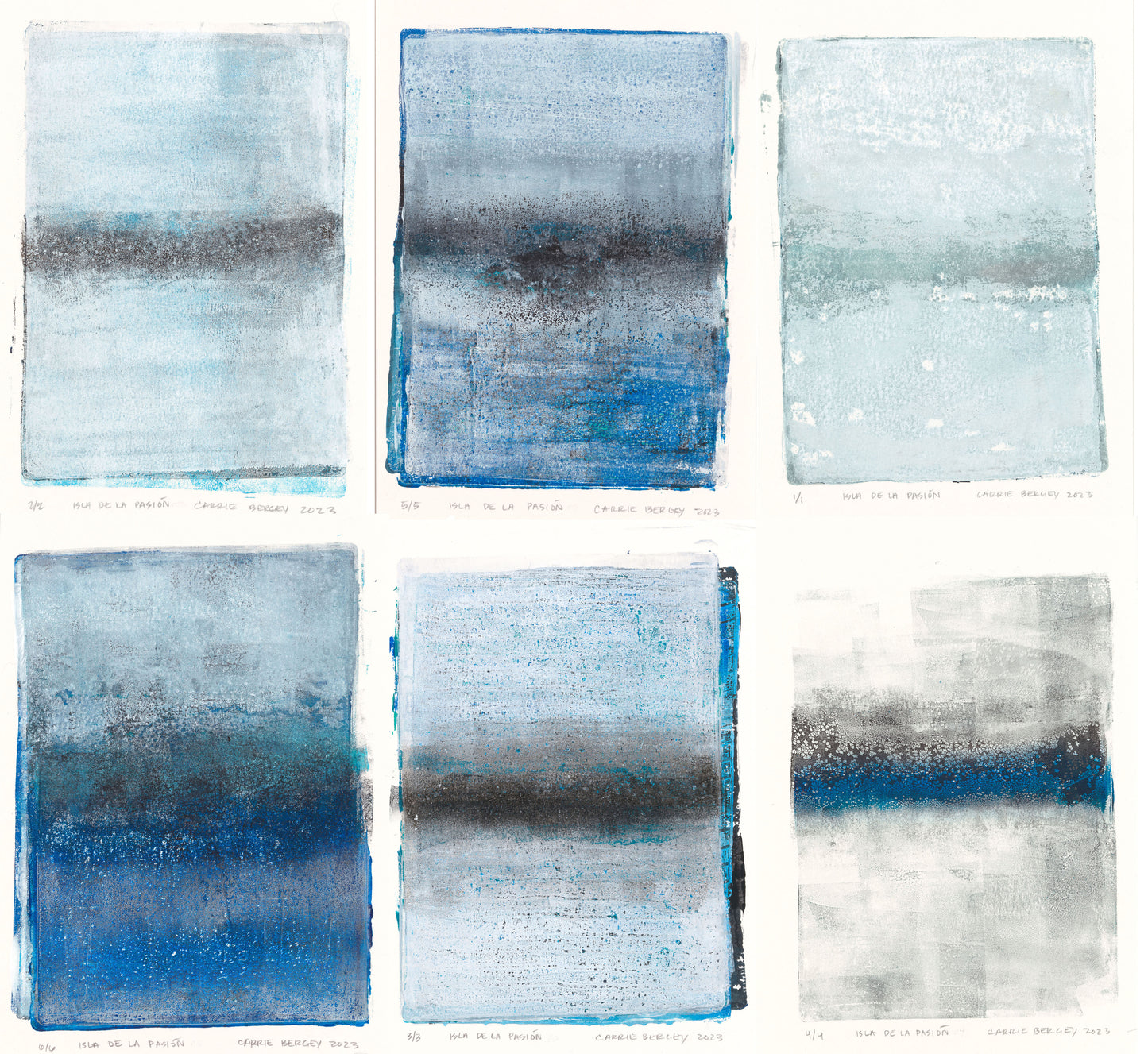 Complete Isla De La Pasion hexaptych monoprint series by Carrie Bergey, showcasing six abstract prints with oceanic color gradients.
