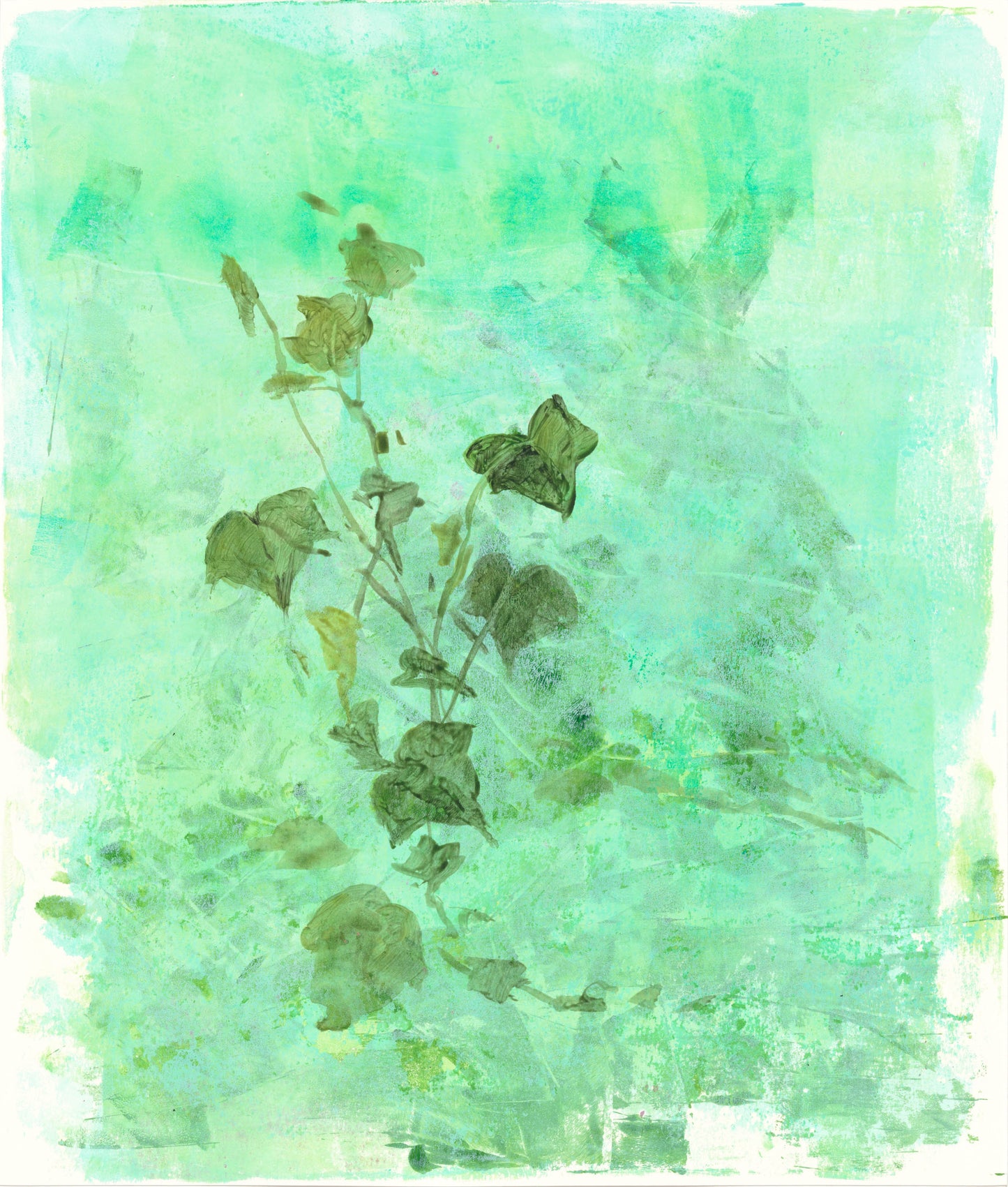 Middle panel of Ivy Art Reproduction Set with dense ivy foliage in layered green tones. Monoprint and acrylic textures enhance natural elegance.