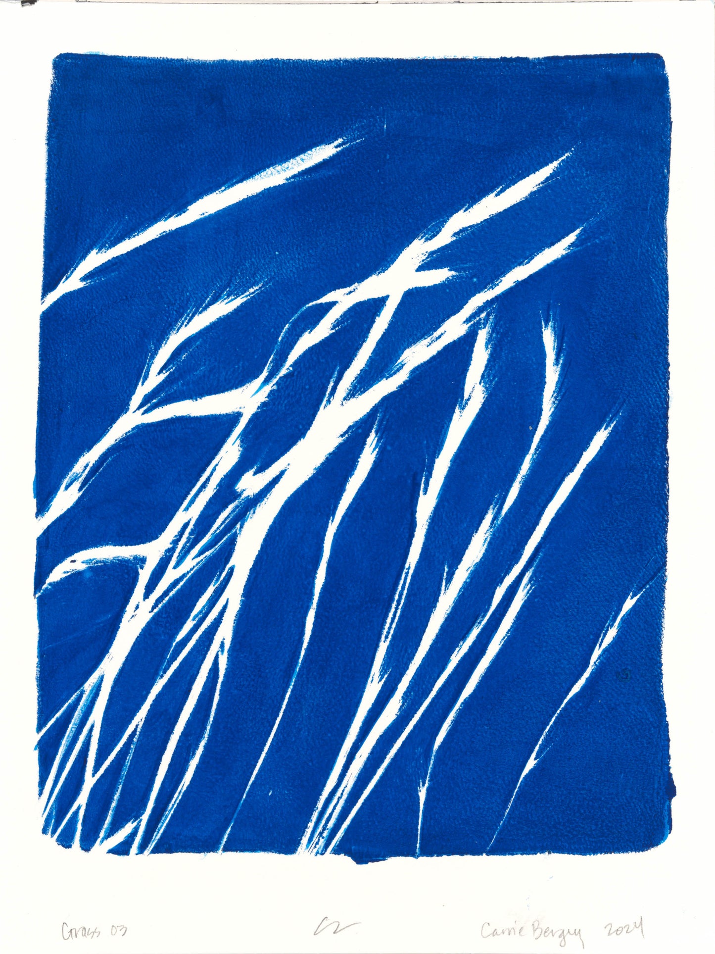Lobos Grass 03 Original Fine Art Monoprint by Carrie Bergey features abstract white grass silhouettes against a deep blue background. Ideal for coastal-themed home decor.