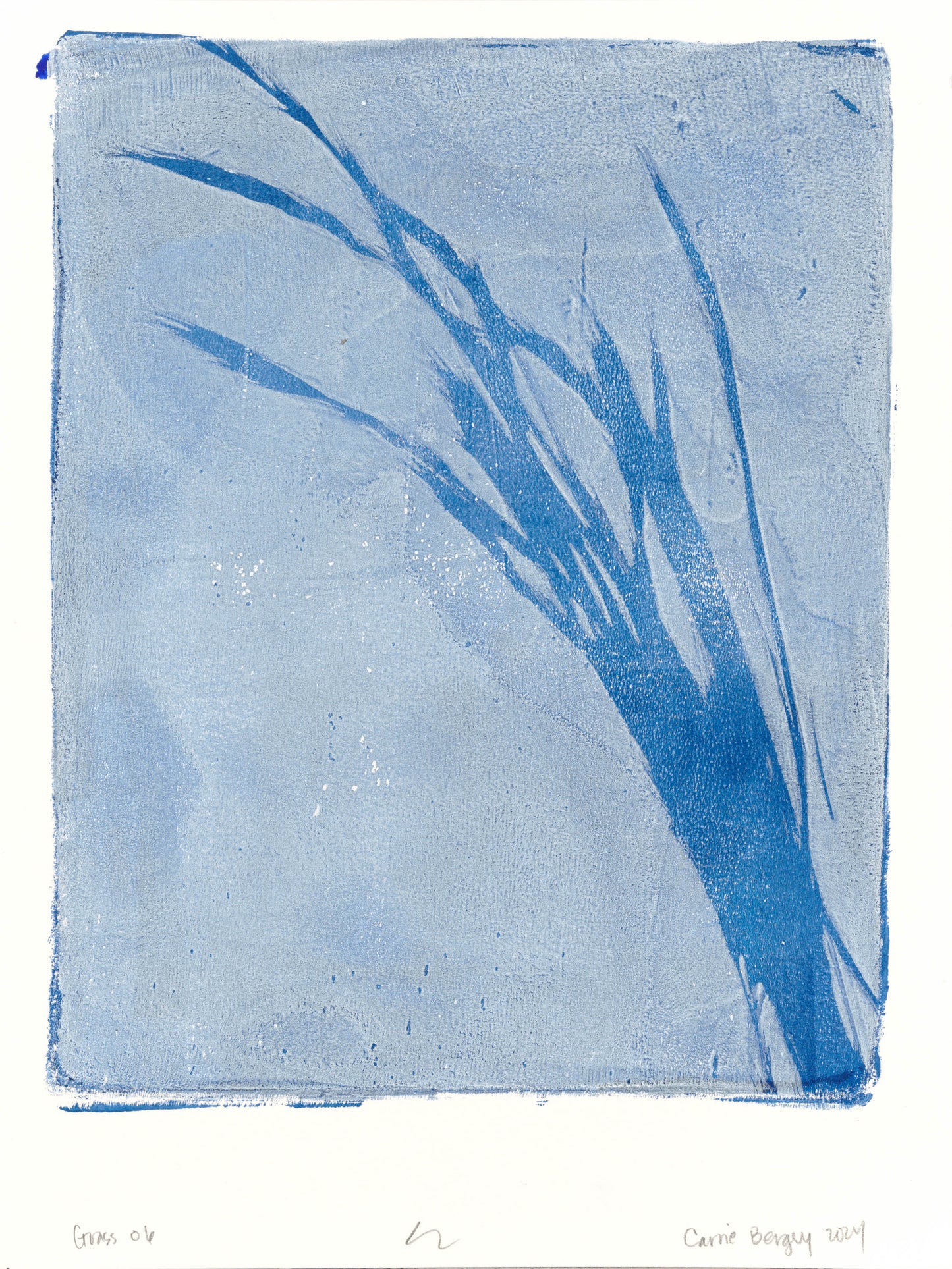 Carrie Bergey's 'Grass 06' monoprint artwork with bold blue grass forms on a textured light blue background, adding organic charm to modern decor.