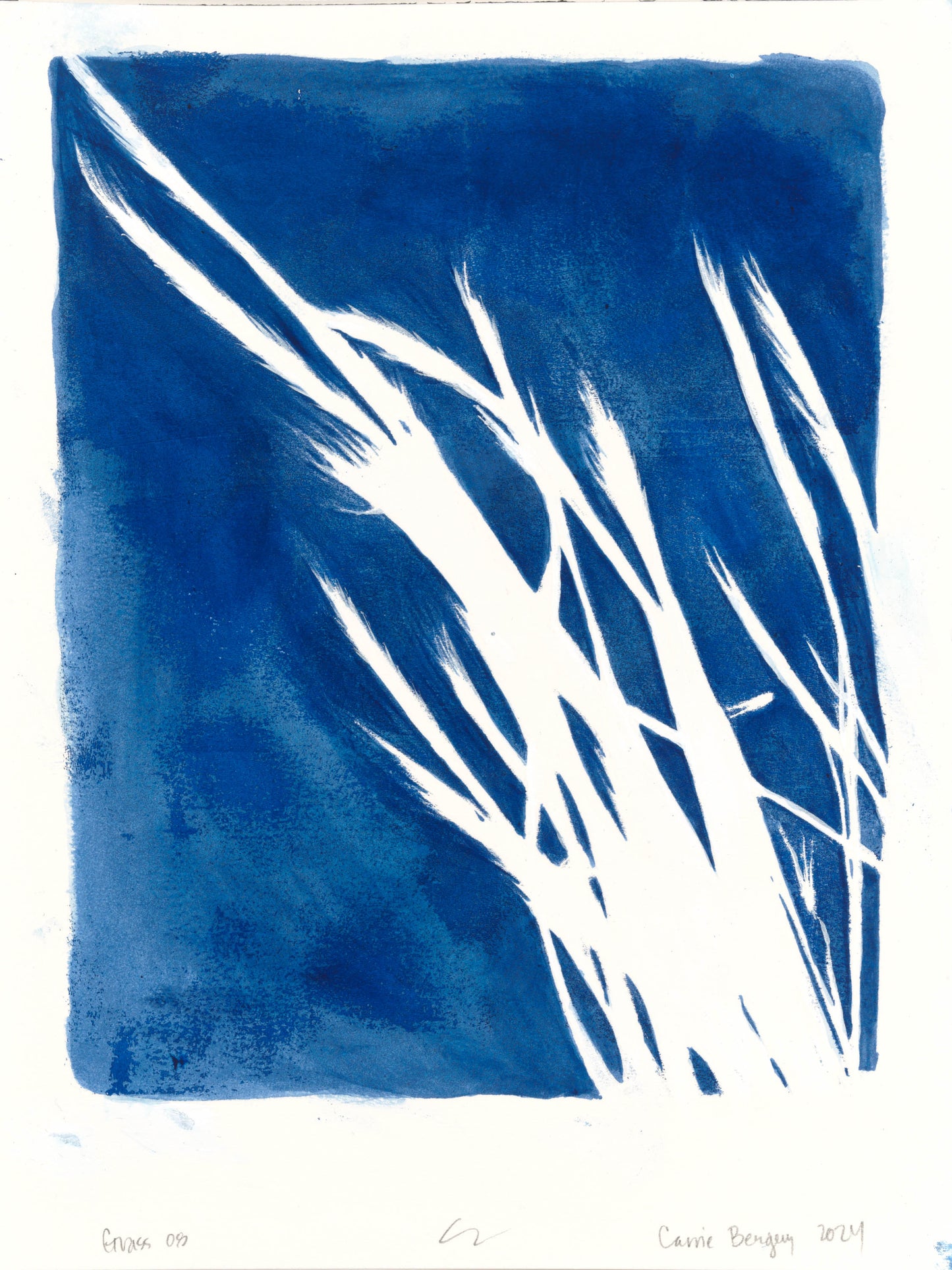 Lobos Grass 09 by Carrie Bergey, original fine art monoprint with abstract white grass forms against a textured blue field. Elegant wall art for collectors.