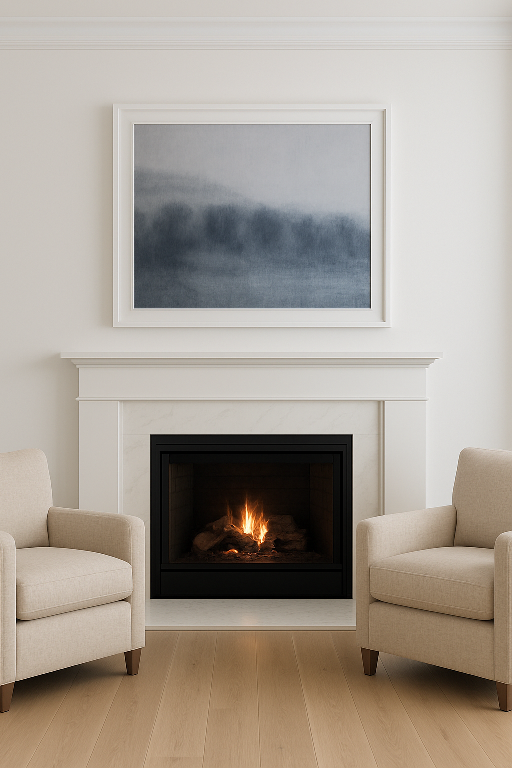 Carrie Bergey's Lobos Valley and Karl's Cloak at Sunset painting displayed above a fireplace in a modern living room, enhancing serene home decor.