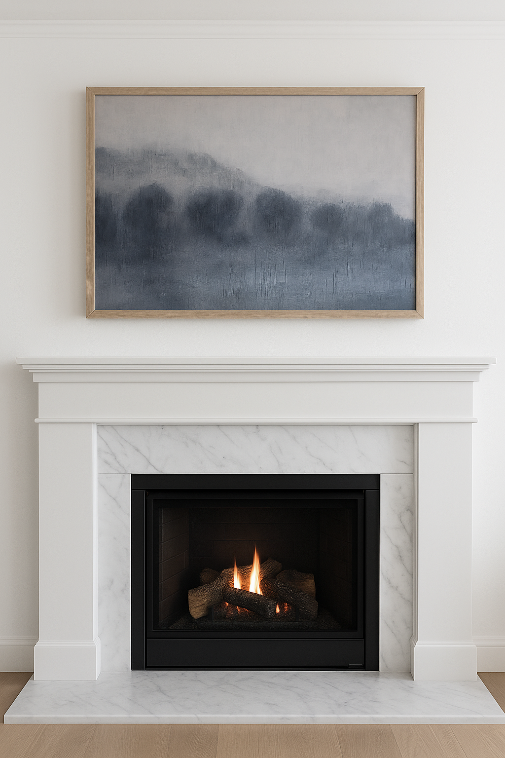 Original oil painting Lobos Valley and Karl's Cloak at Sunset by Carrie Bergey in a natural wood frame, styled above a white marble fireplace.