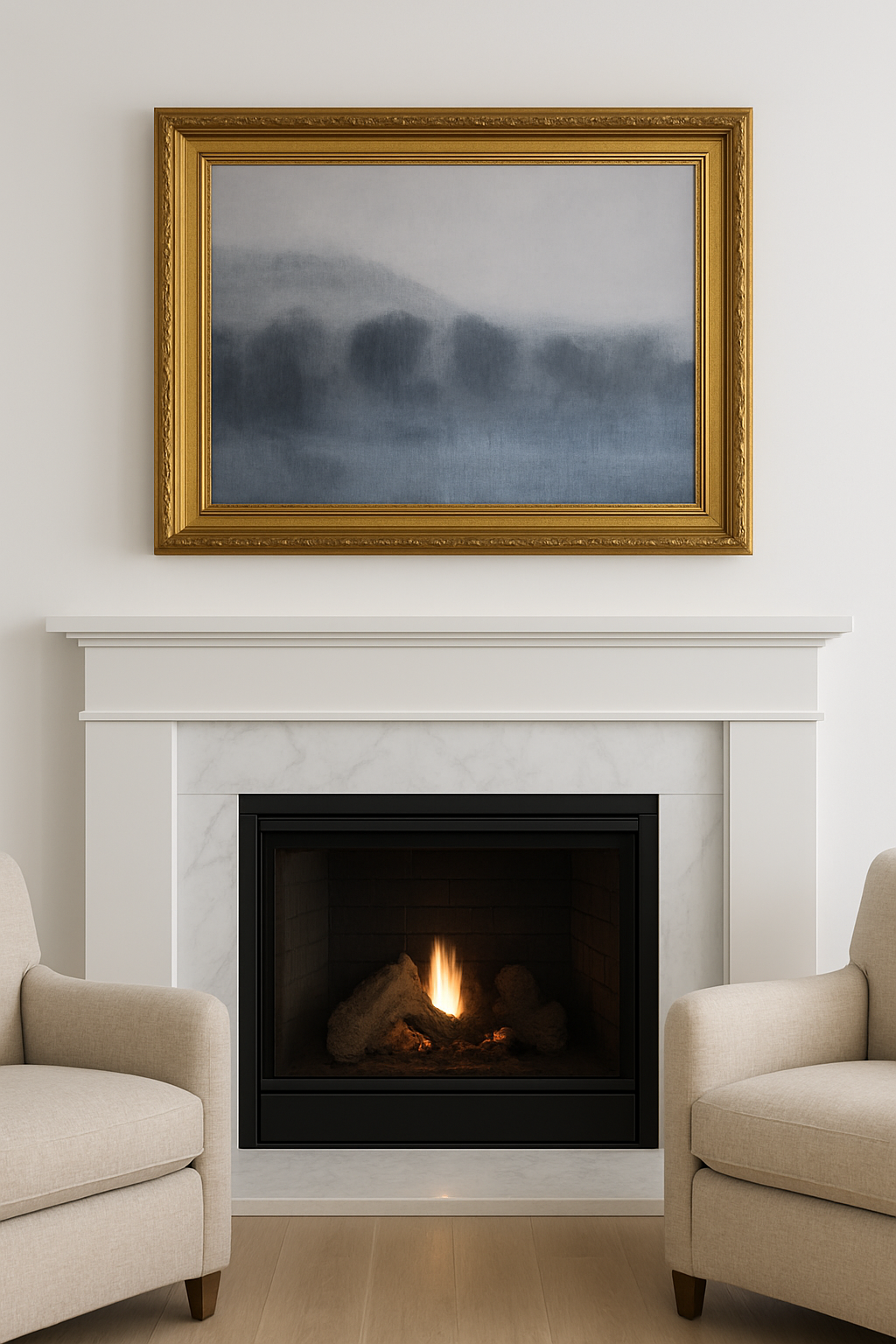 Framed in ornate gold, Carrie Bergey's Lobos Valley and Karl's Cloak at Sunset painting adds elegance to a neutral-toned fireplace setting.