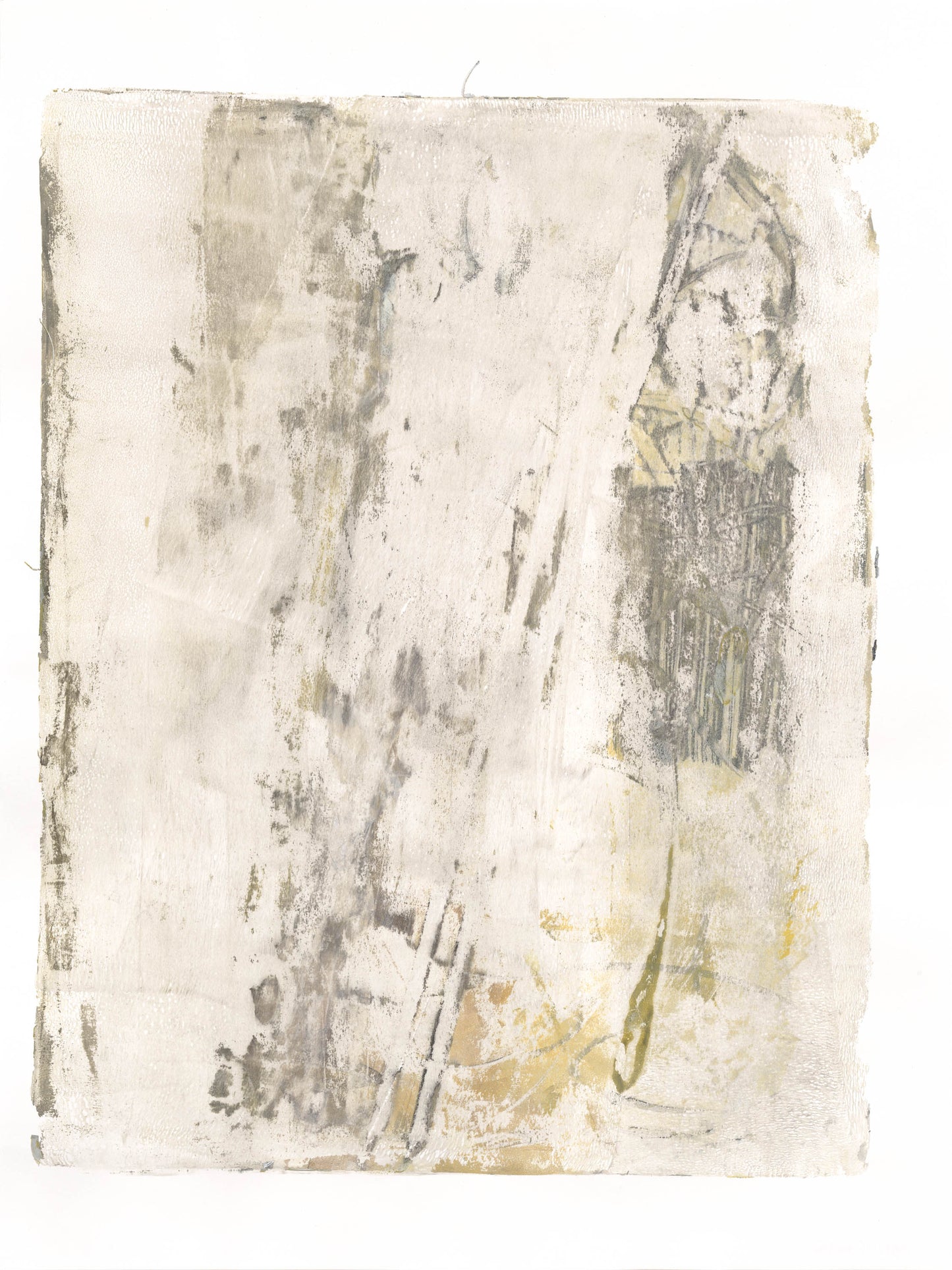 Lobos Overlook Monoprint by Carrie Bergey showcasing earthy tones and subtle architectural textures. Original abstract artwork for home and garden decor.