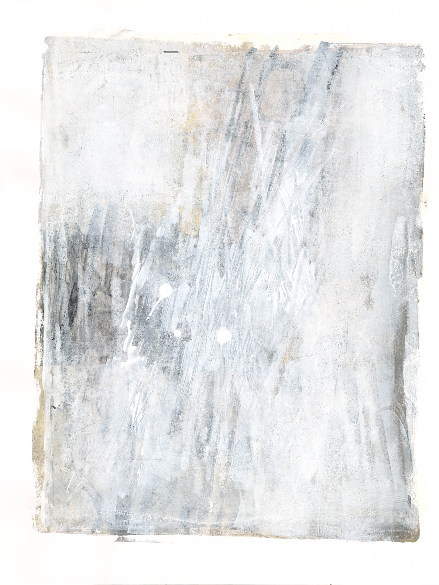 Lobos Overlook Monoprint by Carrie Bergey with soft white and gray brushstrokes creating a misty, ethereal effect. Contemporary abstract painting on paper.