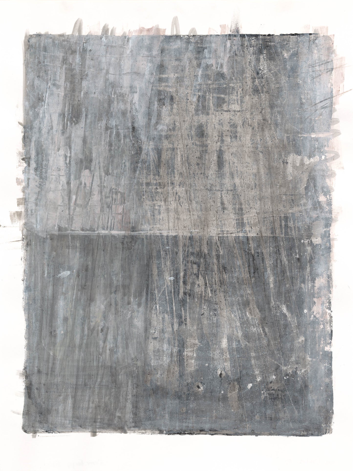 Lobos Overlook Monoprint by Carrie Bergey featuring textured gray and blue abstract layers in a vertical composition. Original fine art for modern decor.