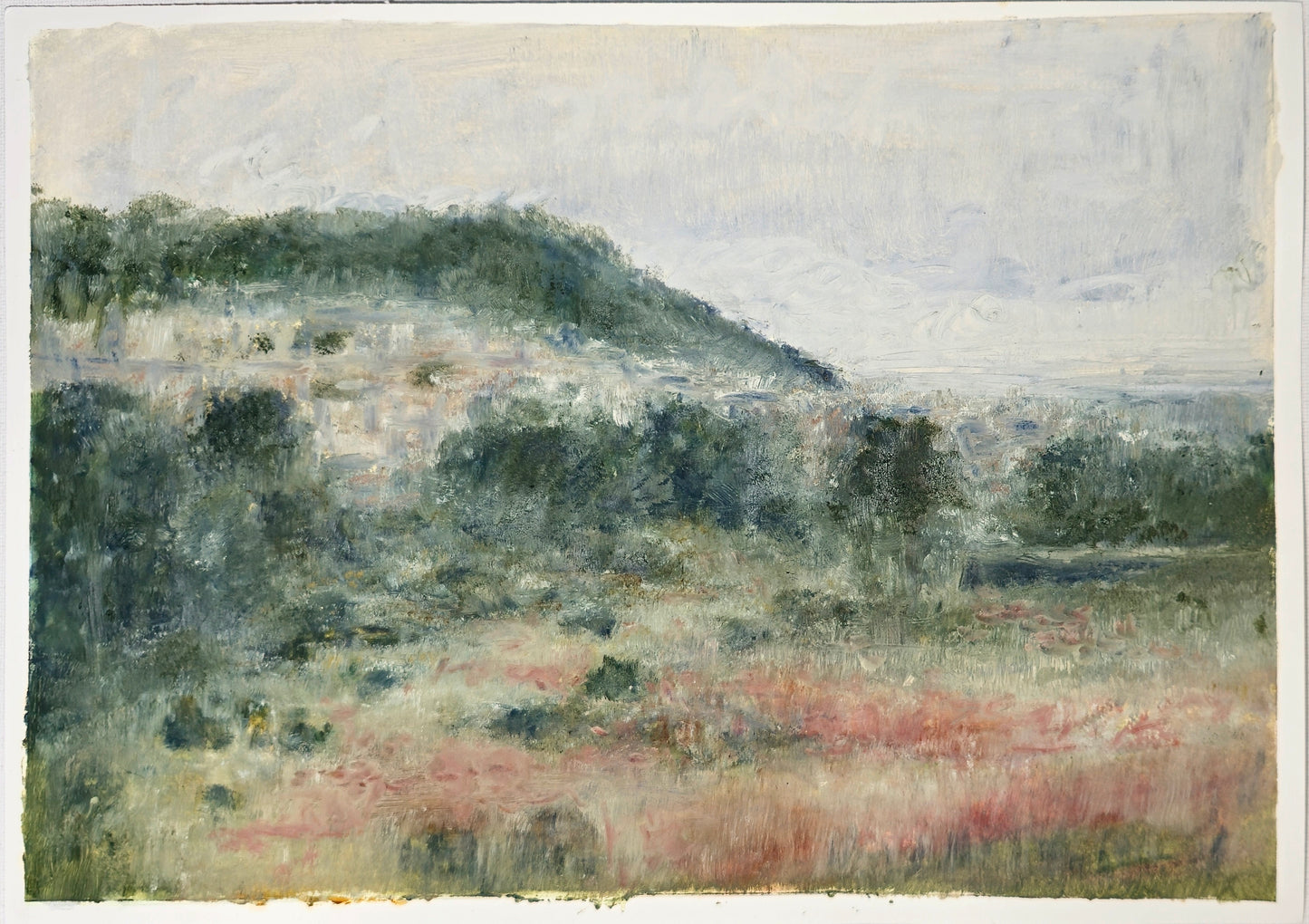 Carrie Bergey's Lobos Valley Midday painting captures a tranquil valley scene with lush greenery and pastel skies, perfect for enhancing any living space.