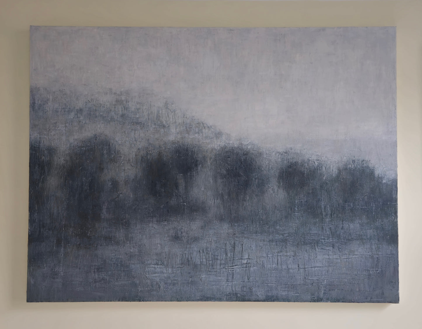 Lobos Valley and Karl's Cloak at Sunset by Carrie Bergey displayed on a neutral wall, highlighting the moody tones and fine art texture.