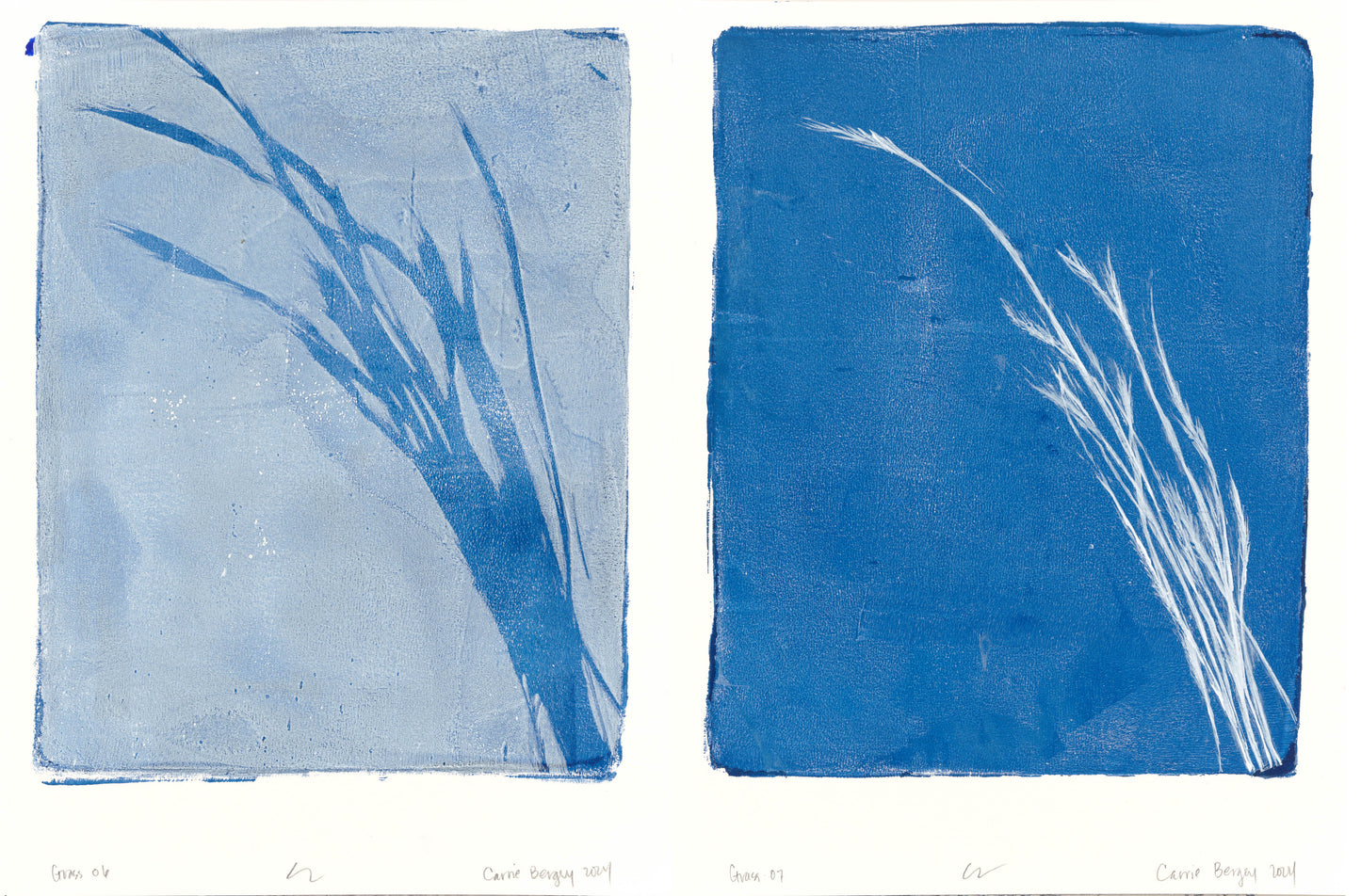Diptych collection 'Lobos Grass 06-07' by Carrie Bergey with coastal monoprint artwork in blue tones, evoking calm and nature in home decor.