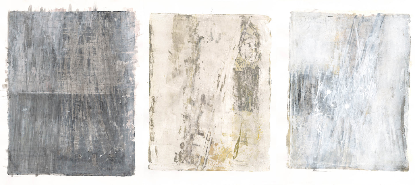 Lobos Overlook Monoprint Triptych by Carrie Bergey combining three abstract panels in gray, white, and beige tones. Unique fine art set for wall display.
