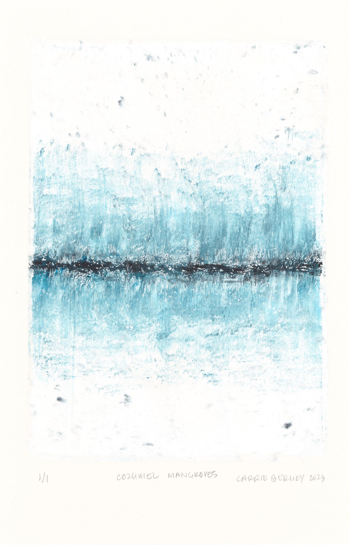 Mangroves 01 monoprint by Carrie Bergey presents a tranquil water reflection in soft blue and black tones, part of the original triptych collection.