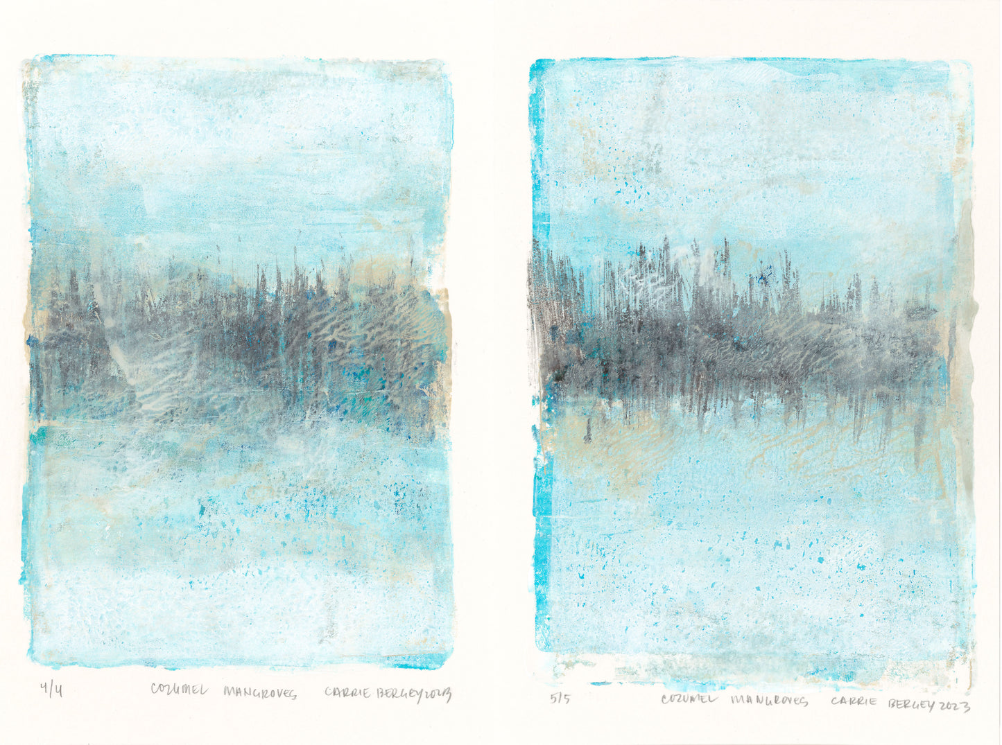 Mangroves 04-05 Original Fine Art Monoprint Diptych Collection by Carrie Bergey, a side-by-side display of abstract mangrove landscapes in blue hues.