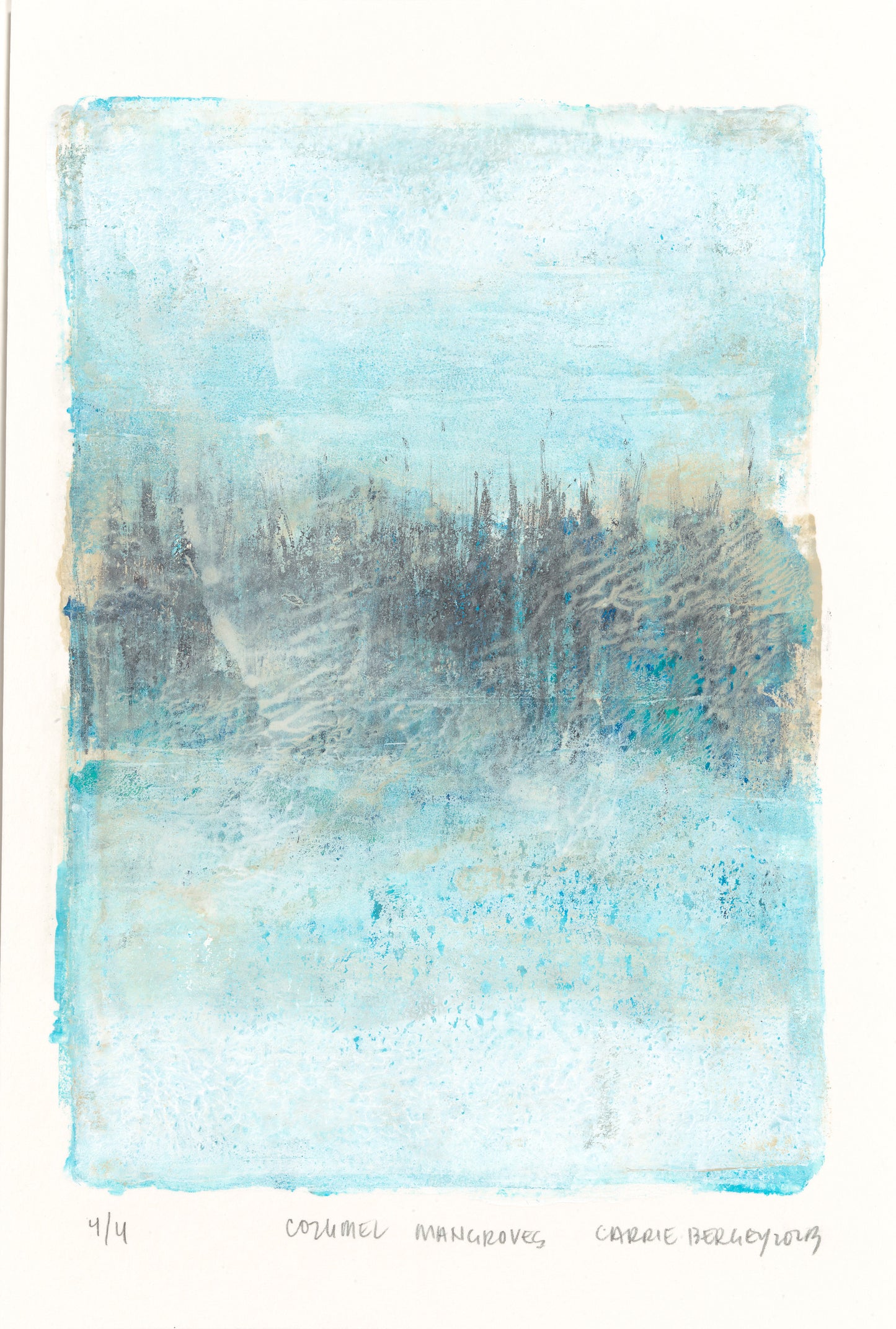 Mangroves 04 monoprint from the Original Fine Art Diptych Collection, featuring tranquil blue tones and abstract mangrove forms by Carrie Bergey.