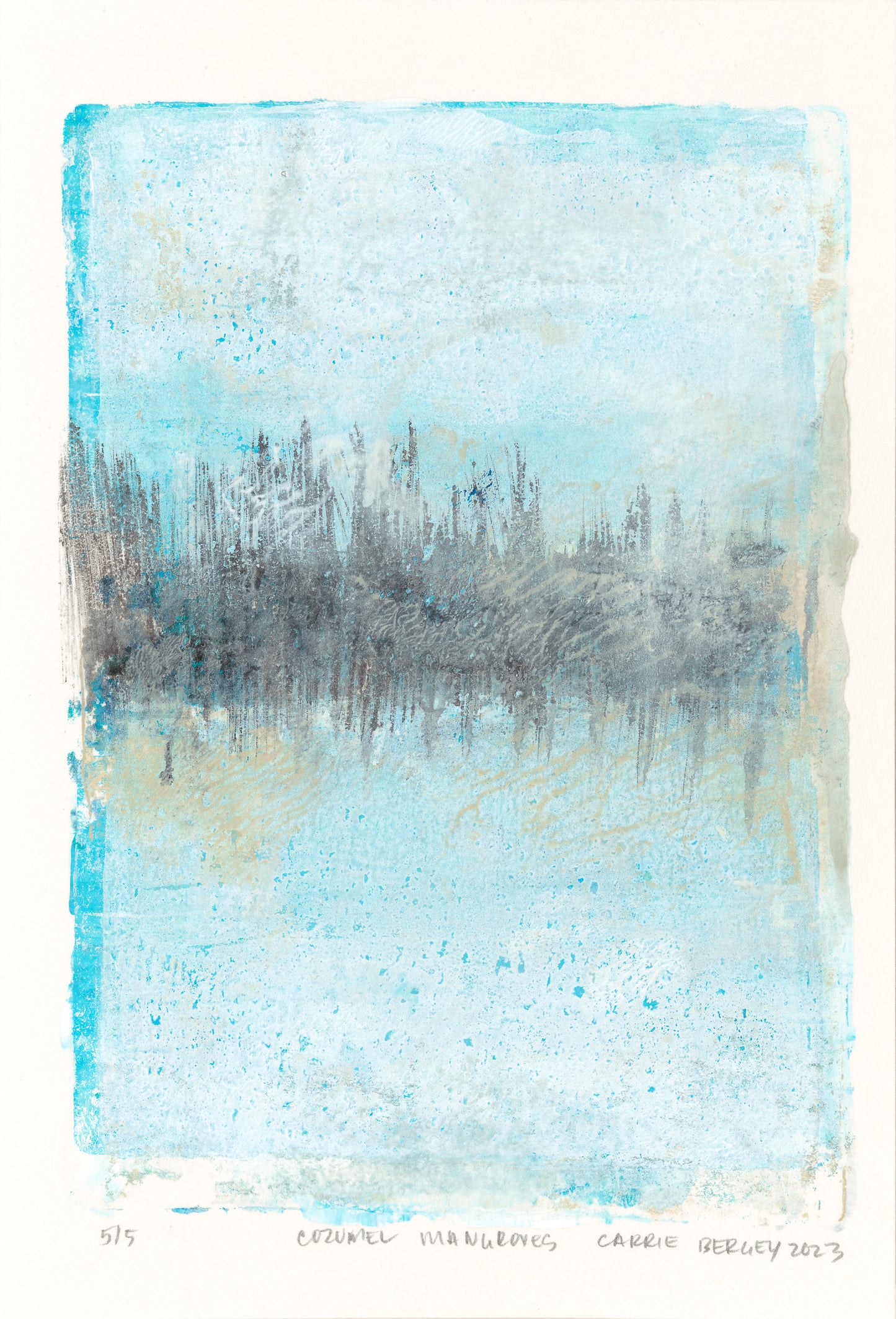 Mangroves 05 monoprint from the Original Fine Art Diptych Collection, highlighting mirrored mangrove reflections in soft blue and gray tones by Carrie Bergey.