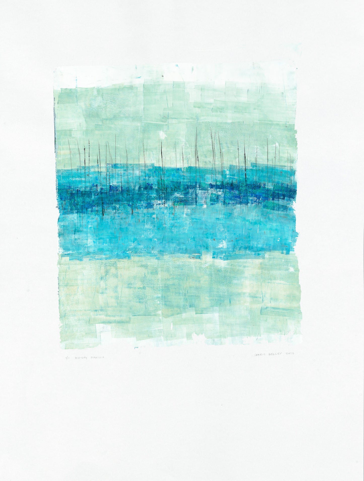 Original Marina Midday Monoprint by Carrie Bergey, featuring abstract harbor reflections in calming ocean tones, 18x24 fine art for home decor.
