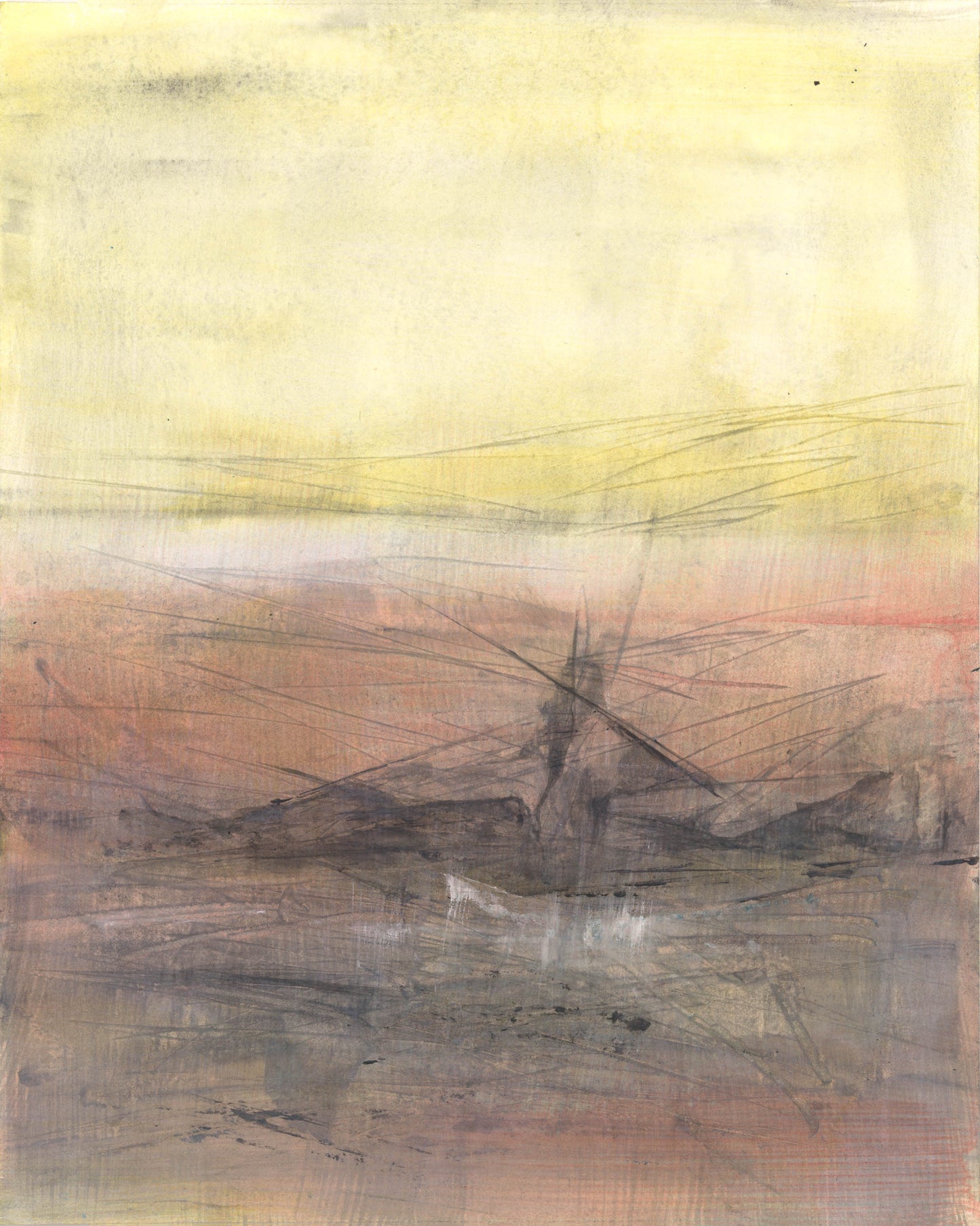 Single panel from Maui Original Painting Collection by Carrie Bergey, showcasing tranquil abstract scenery with yellow, pink, and brown hues.