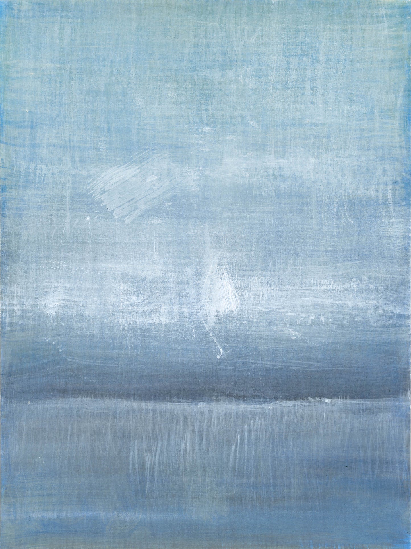 Left panel of Carrie Bergey's Maui 03-04 Diptych with layered brushwork in cool blue tones capturing the essence of Maui's natural beauty.
