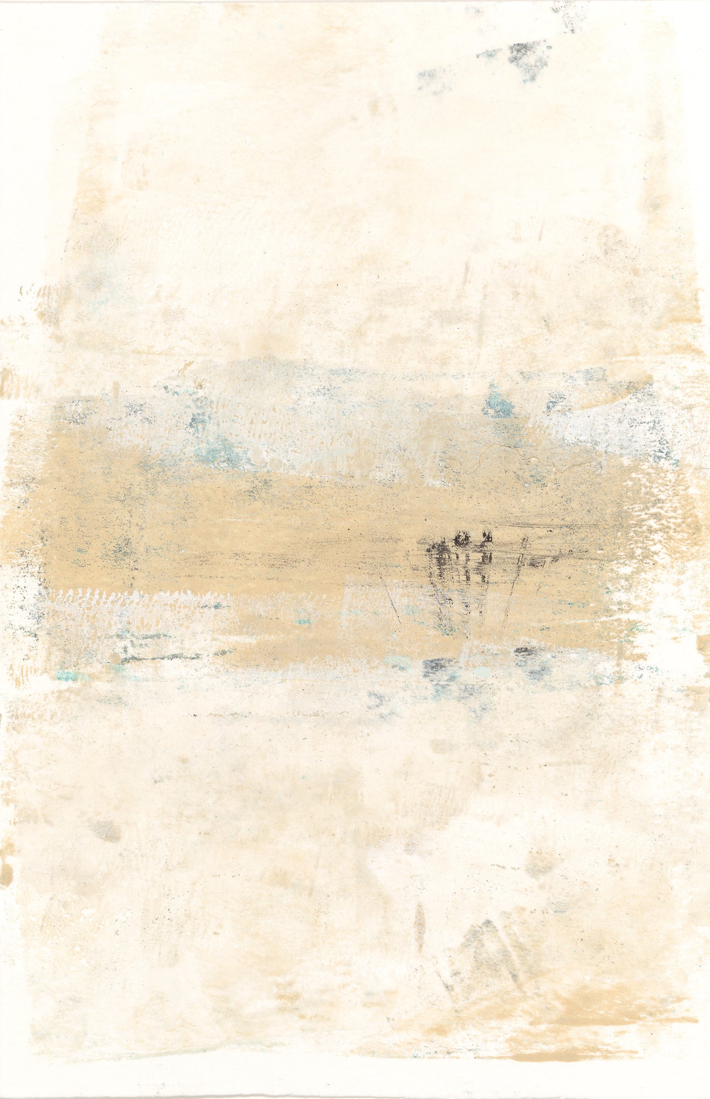 Close-up of Mesas 06 monoprint by Carrie Bergey, highlighting textured beige and cream layers with abstract desert-inspired elements.