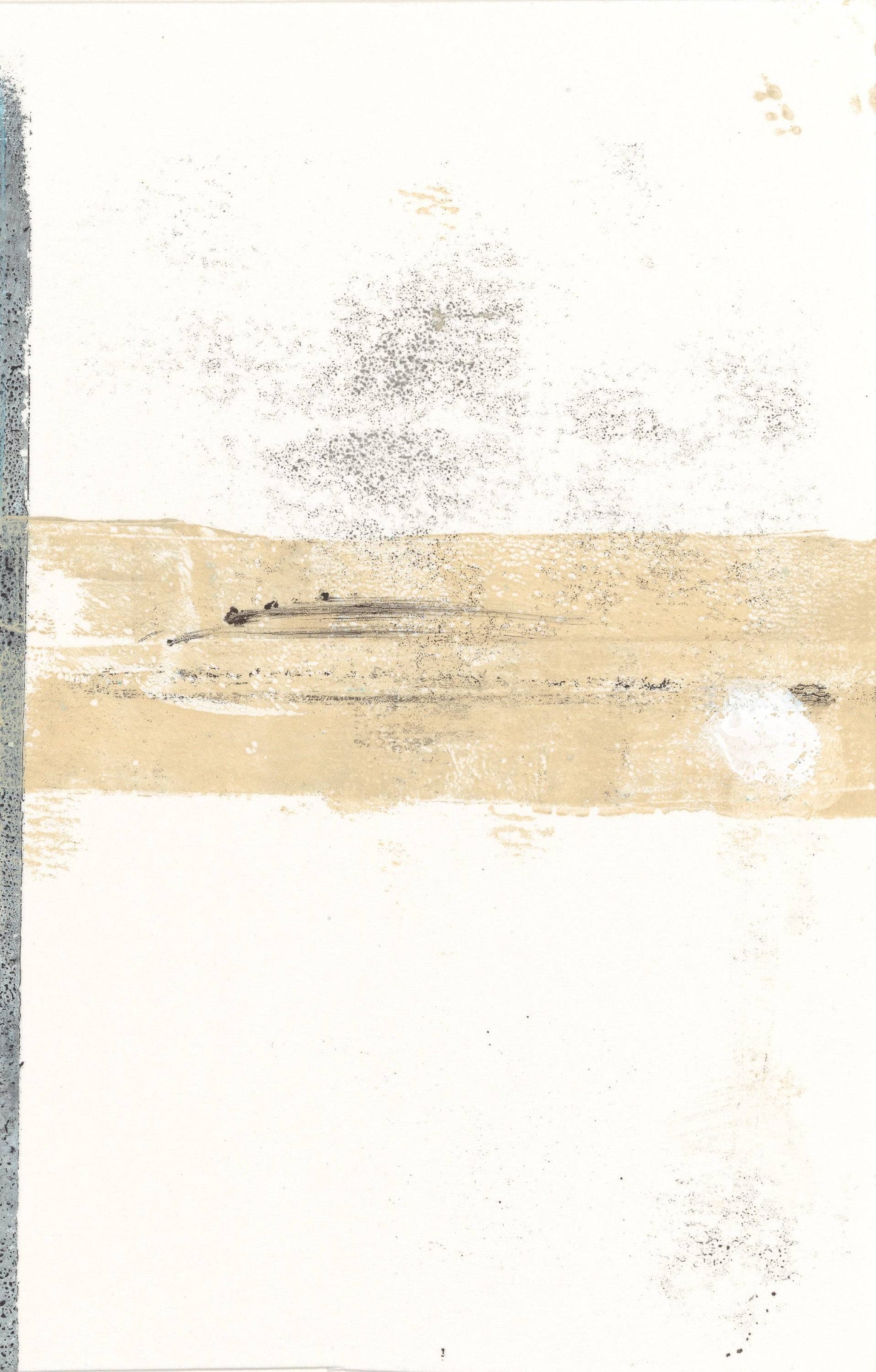 Mesas 02 monoprint from Carrie Bergey's fine art series showcasing a horizontal band of sandy beige with subtle abstract detailing.