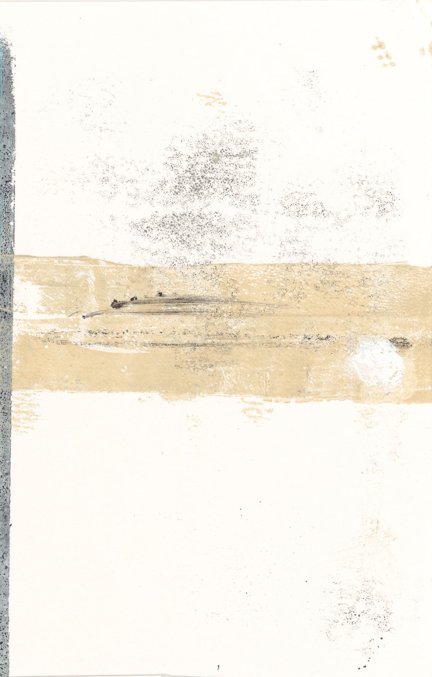 Detailed view of Mesas 02 monoprint from Carrie Bergey's triptych, featuring a central beige band with minimalistic abstract textures.