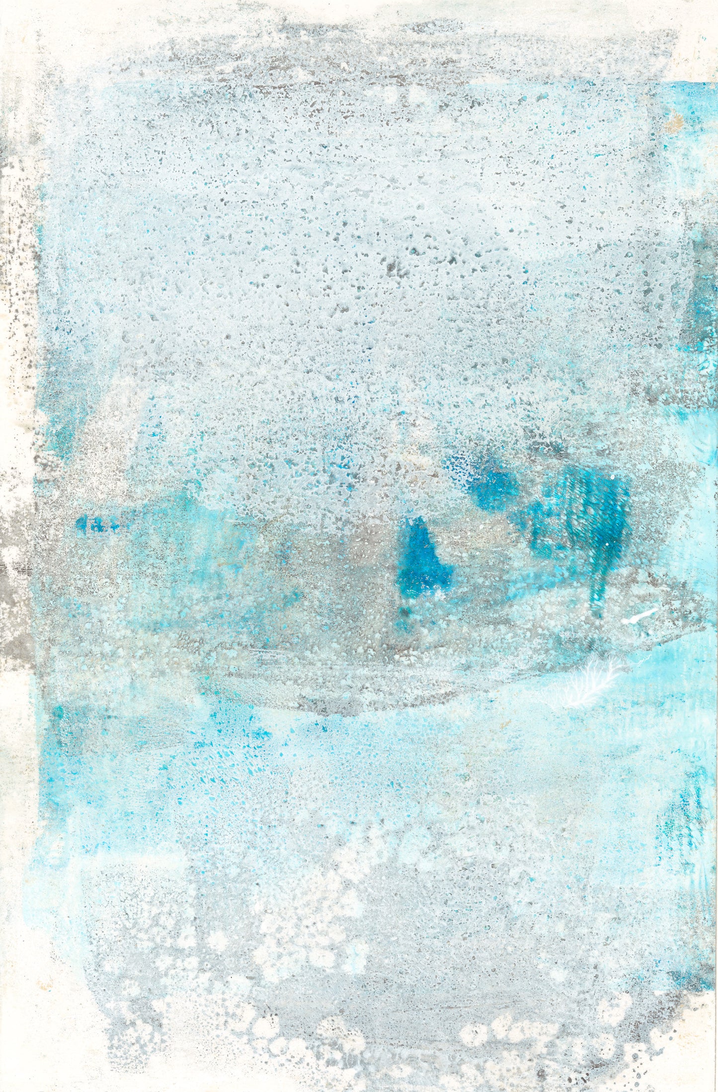 Close-up of right panel from Mesas 03-04 Diptych by Carrie Bergey. Abstract monoprint with soft blue hues and organic textures.