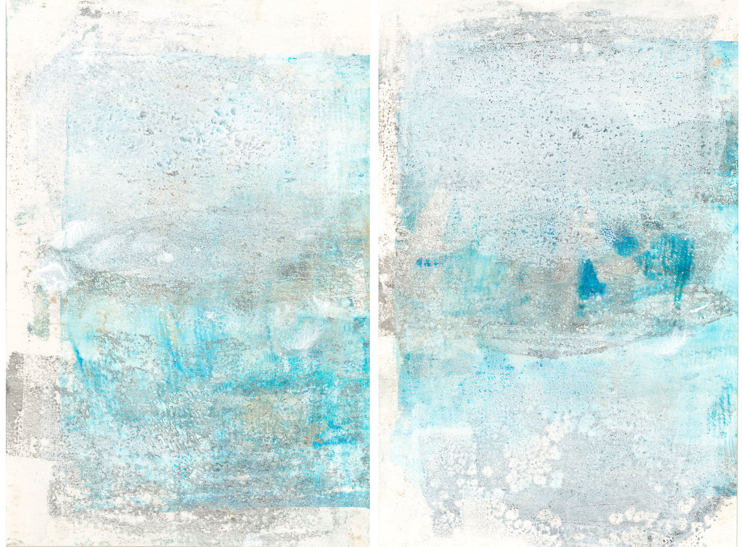 Mesas 03-04 Fine Art Monoprint Diptych by Carrie Bergey featuring abstract desert-inspired textures in soft blue and gray hues. Unique wall art set.