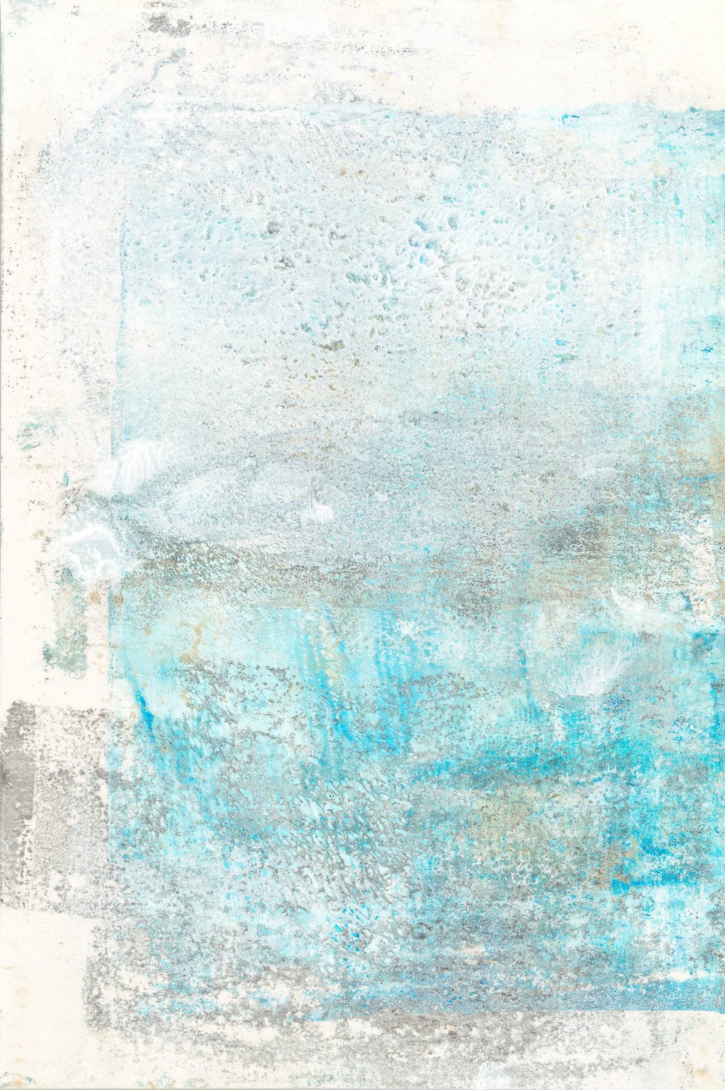Left panel of Mesas 03-04 Fine Art Monoprint by Carrie Bergey showcasing layered textures and cool blue tones. Abstract desert landscape print.