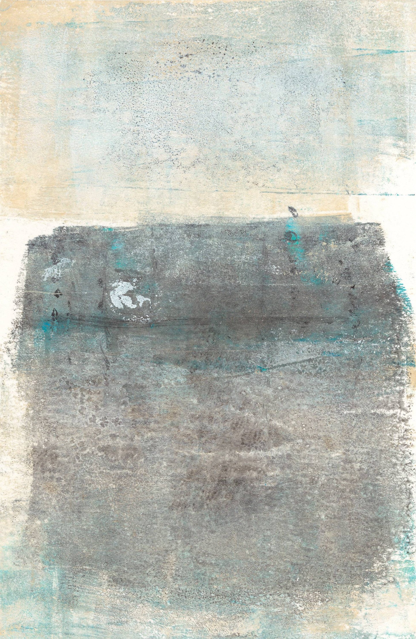 Textured monoprint artwork from Carrie Bergey's Mesas Diptych Collection with earthy gray and turquoise tones evoking desert landscapes.