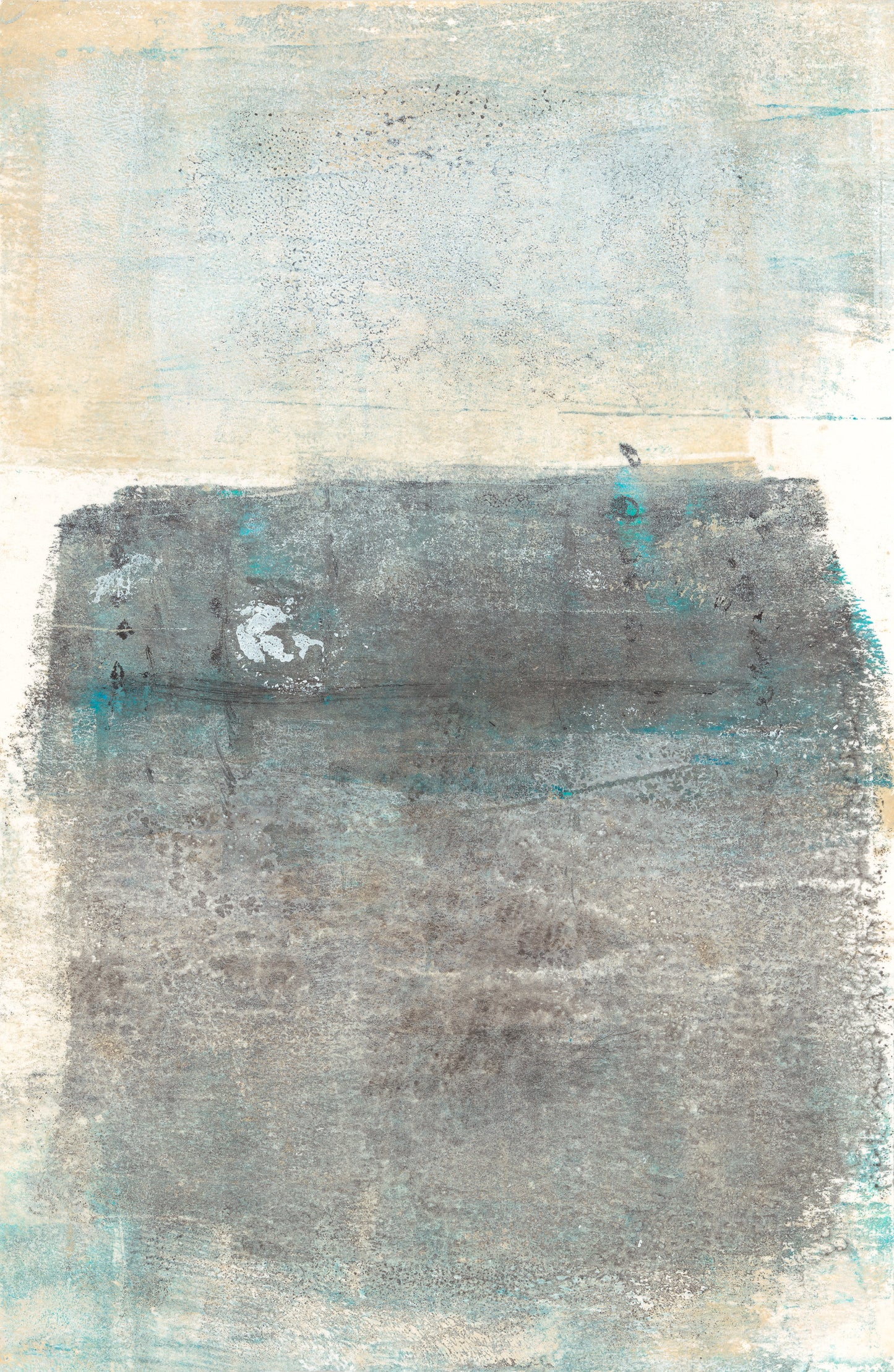 Close-up of textured gray and turquoise monoprint from Carrie Bergey's Mesas Diptych Collection, inspired by desert terrain.