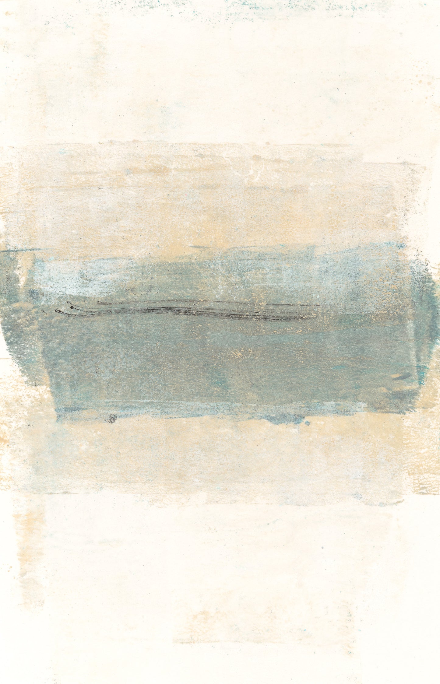Abstract monoprint in blue and beige from Mesas Original Fine Art Diptych Collection by Carrie Bergey, reflecting serene desert hues.