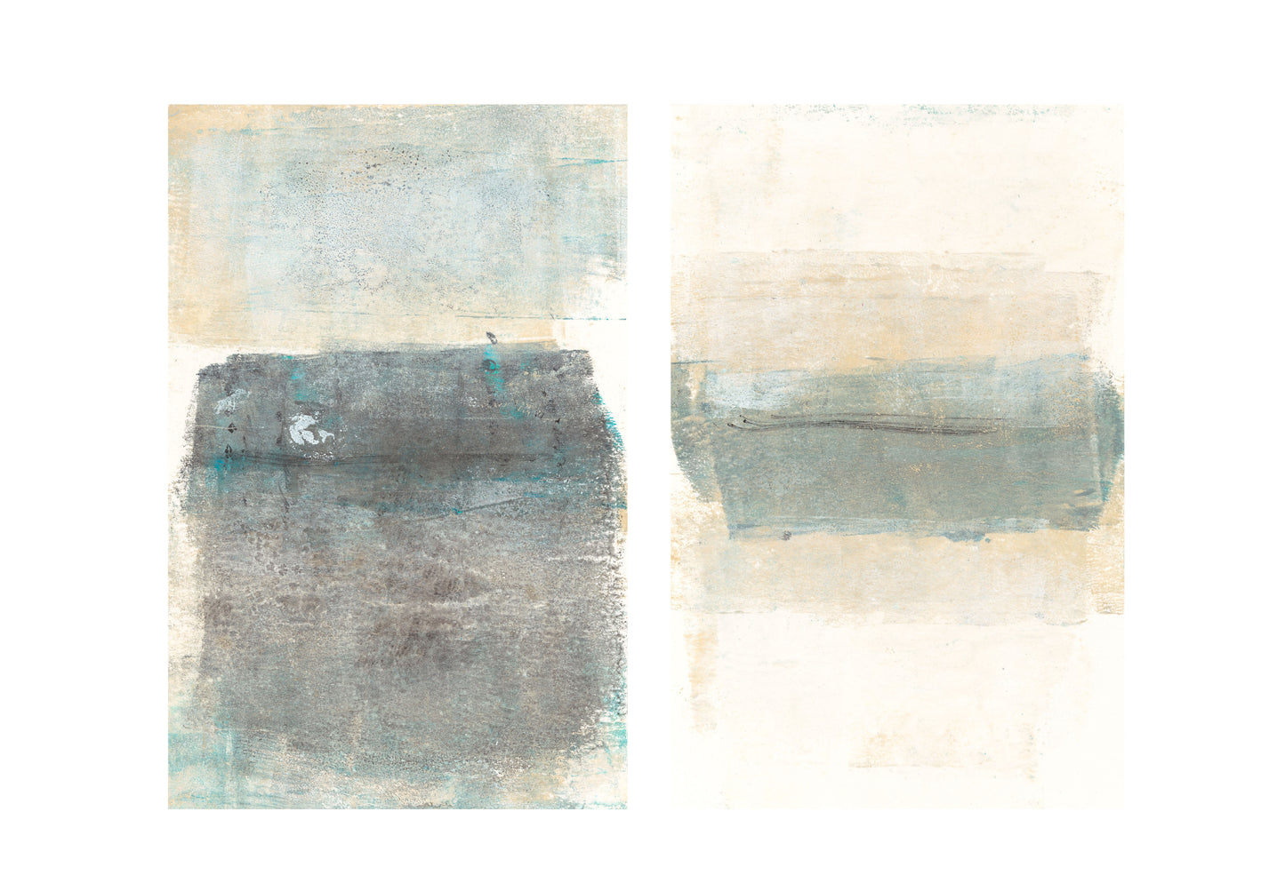 Mesas Original Fine Art Monoprint Diptych by Carrie Bergey showing two abstract desert-themed prints in complementary tones.